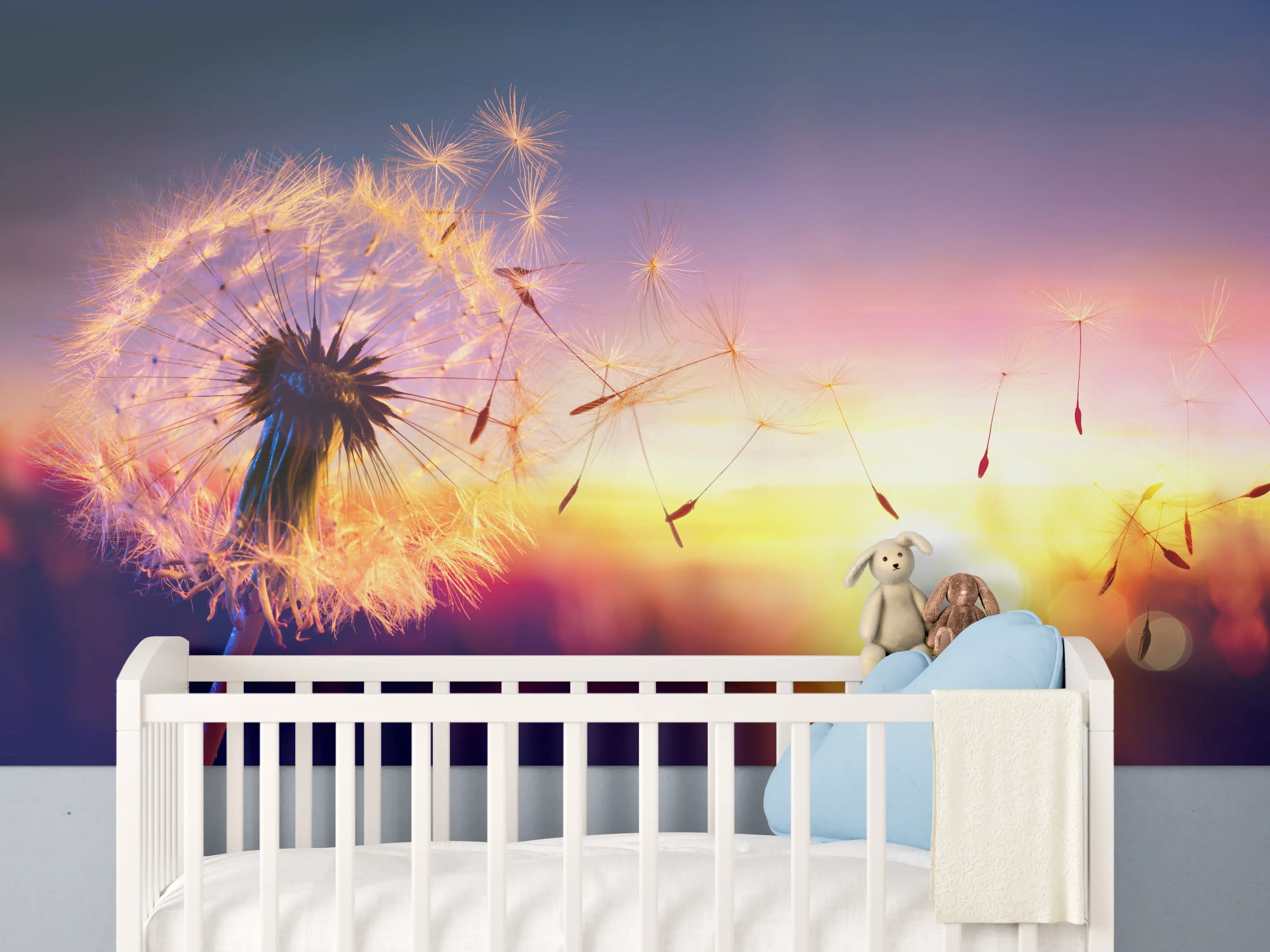 Babyzimmer Wandgestaltung - Löwenzahn im Wind bei Sonnenuntergang