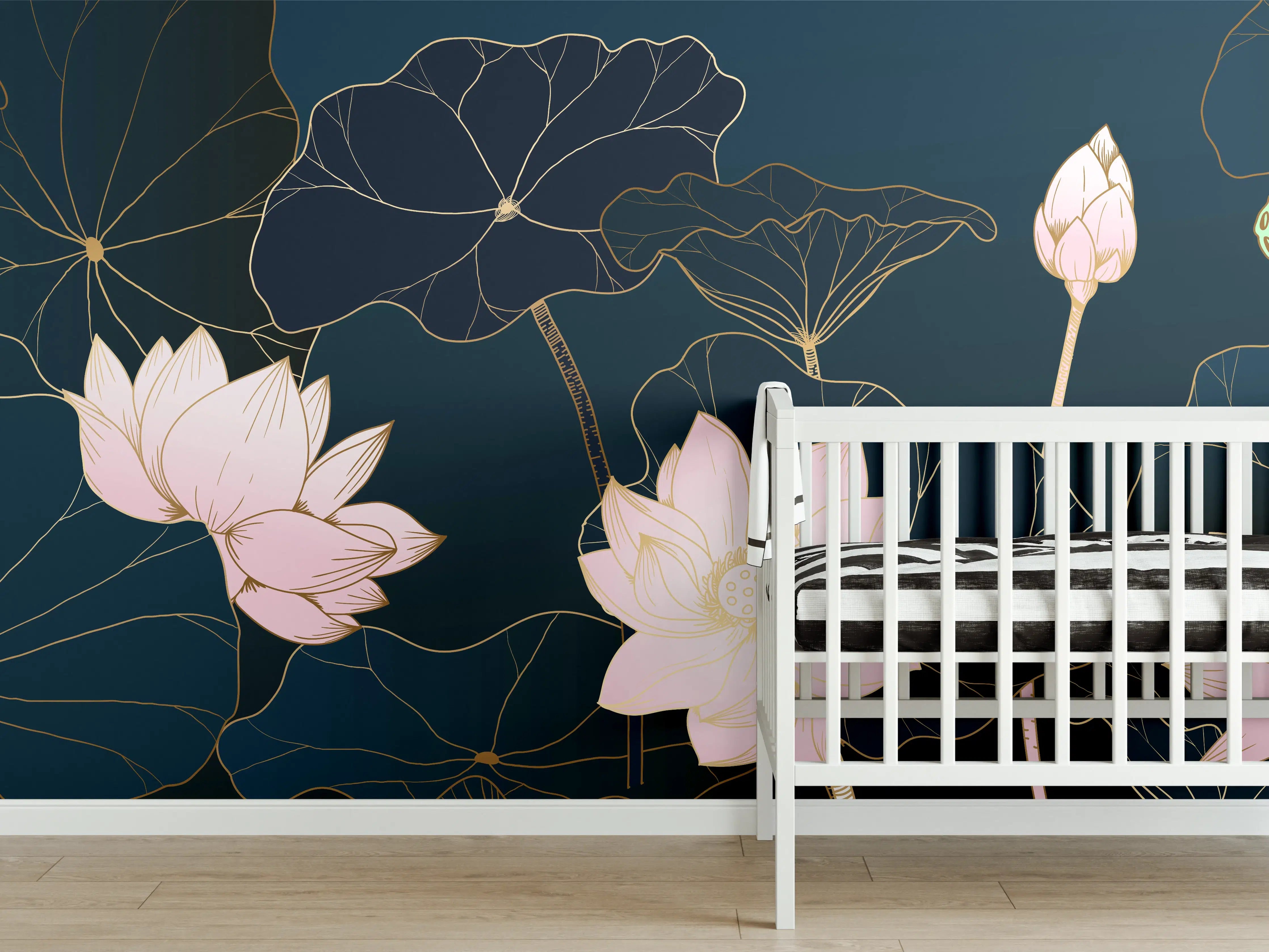 Babyzimmer Wandgestaltung - Lotusblüten Nachtblau Illustration