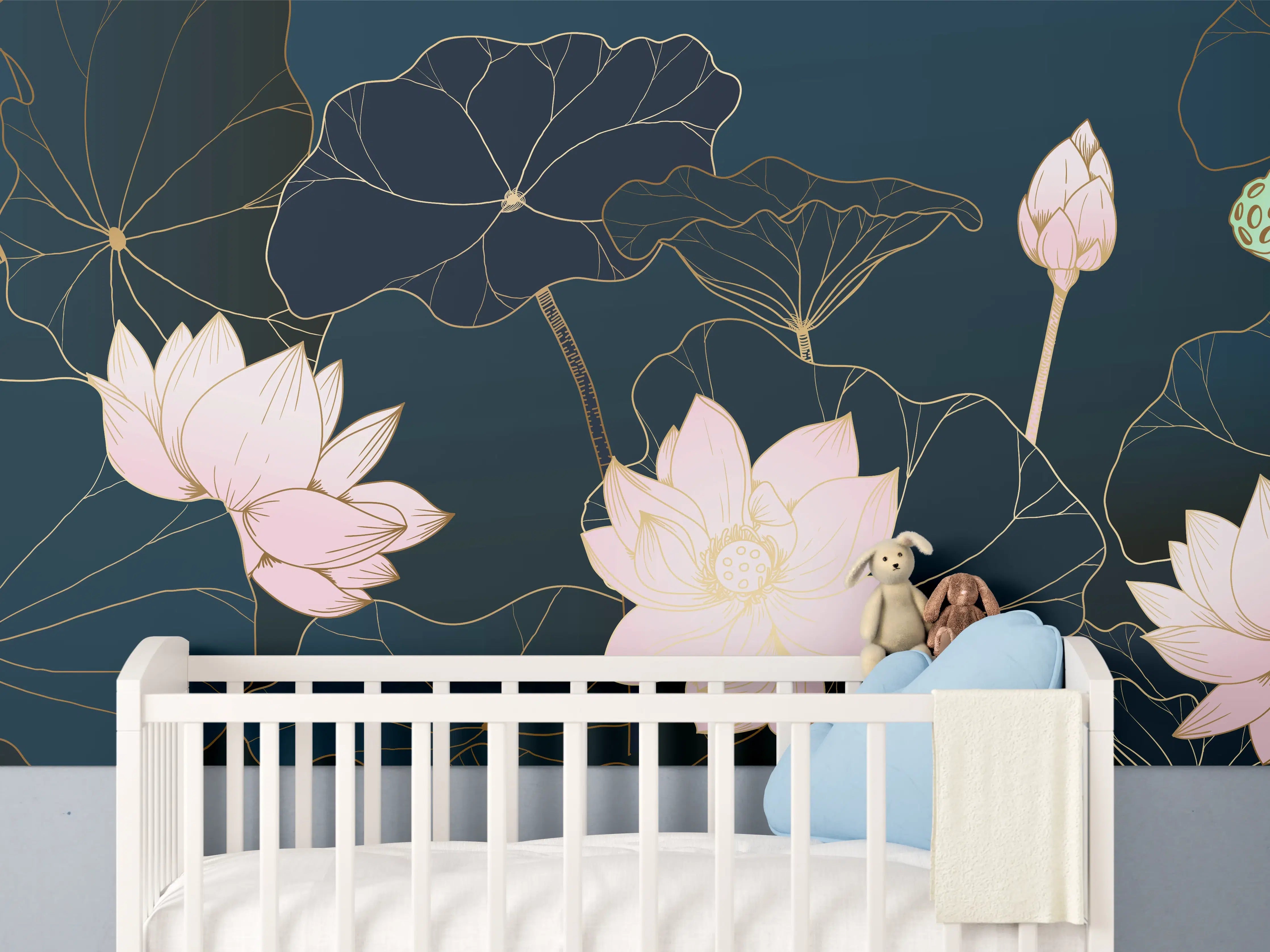 Babyzimmer Wandgestaltung - Lotusblüten Nachtblau Illustration
