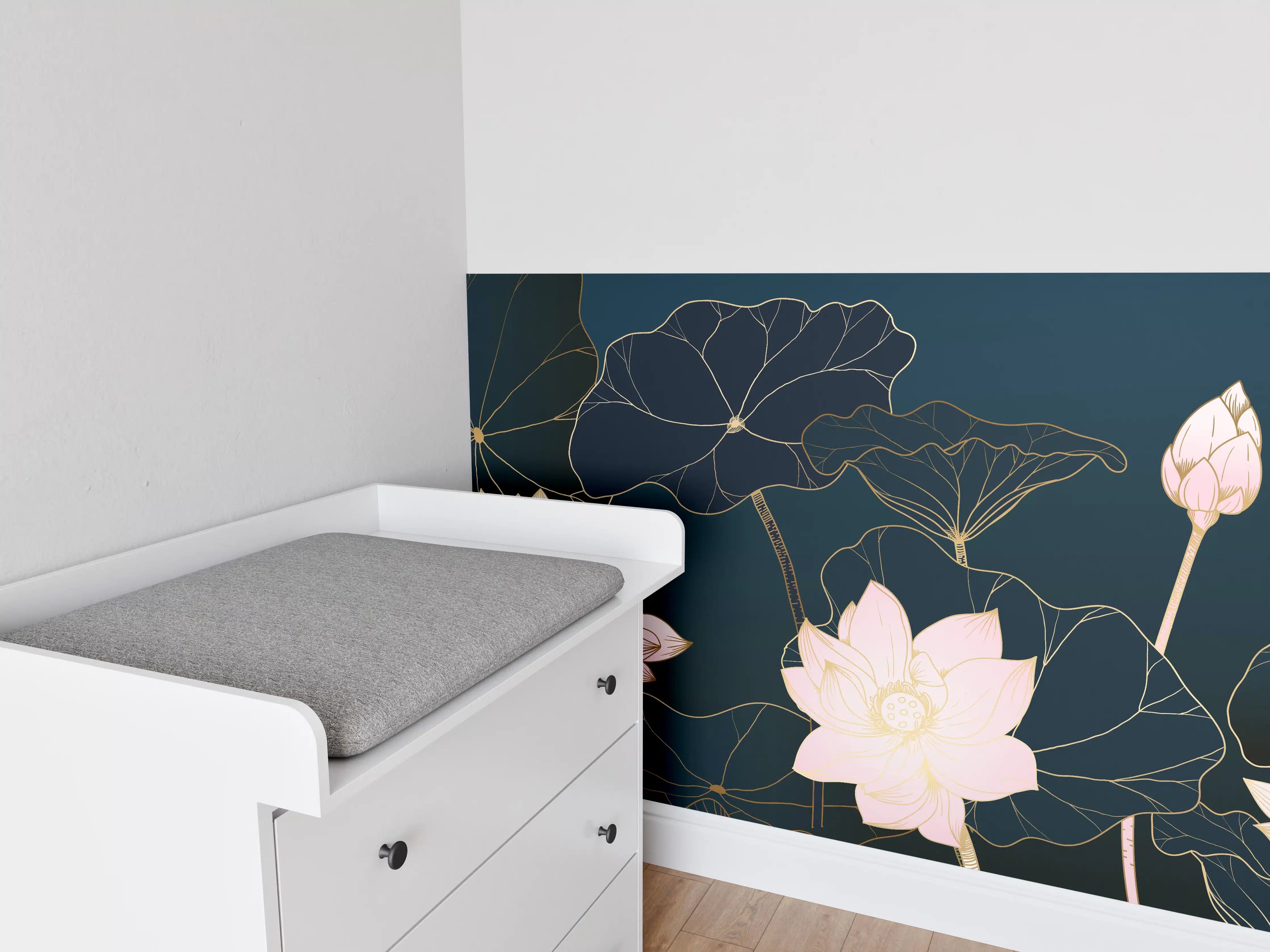 Babyzimmer Wandgestaltung - Lotusblüten Nachtblau Illustration