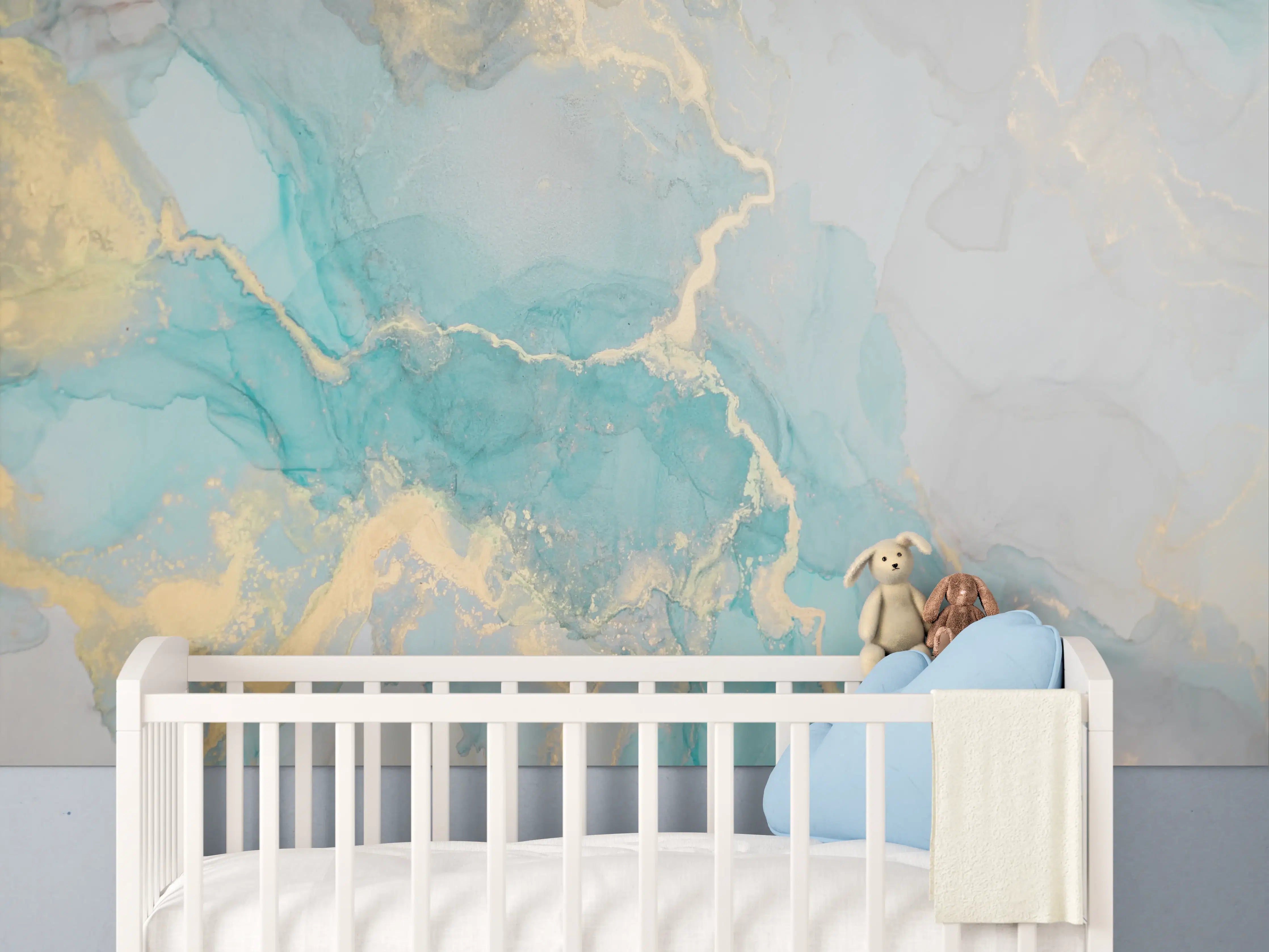 Babyzimmer Wandgestaltung - Luxuriöse Aqua-Weiße Marmor-Textur mit Goldakzenten