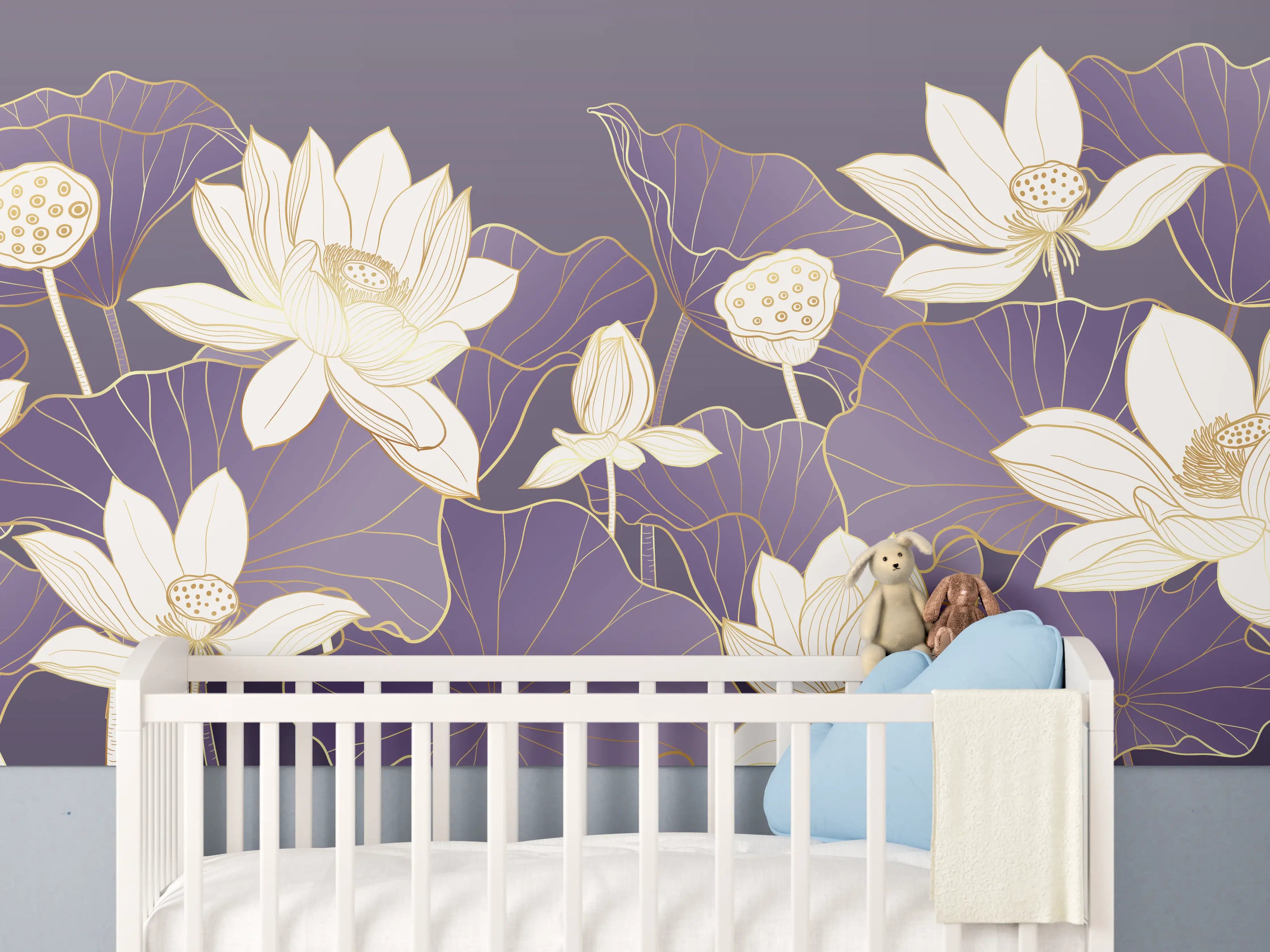 Babyzimmer Wandgestaltung - Luxuriöse weiße Lotusblumen auf lila Hintergrund