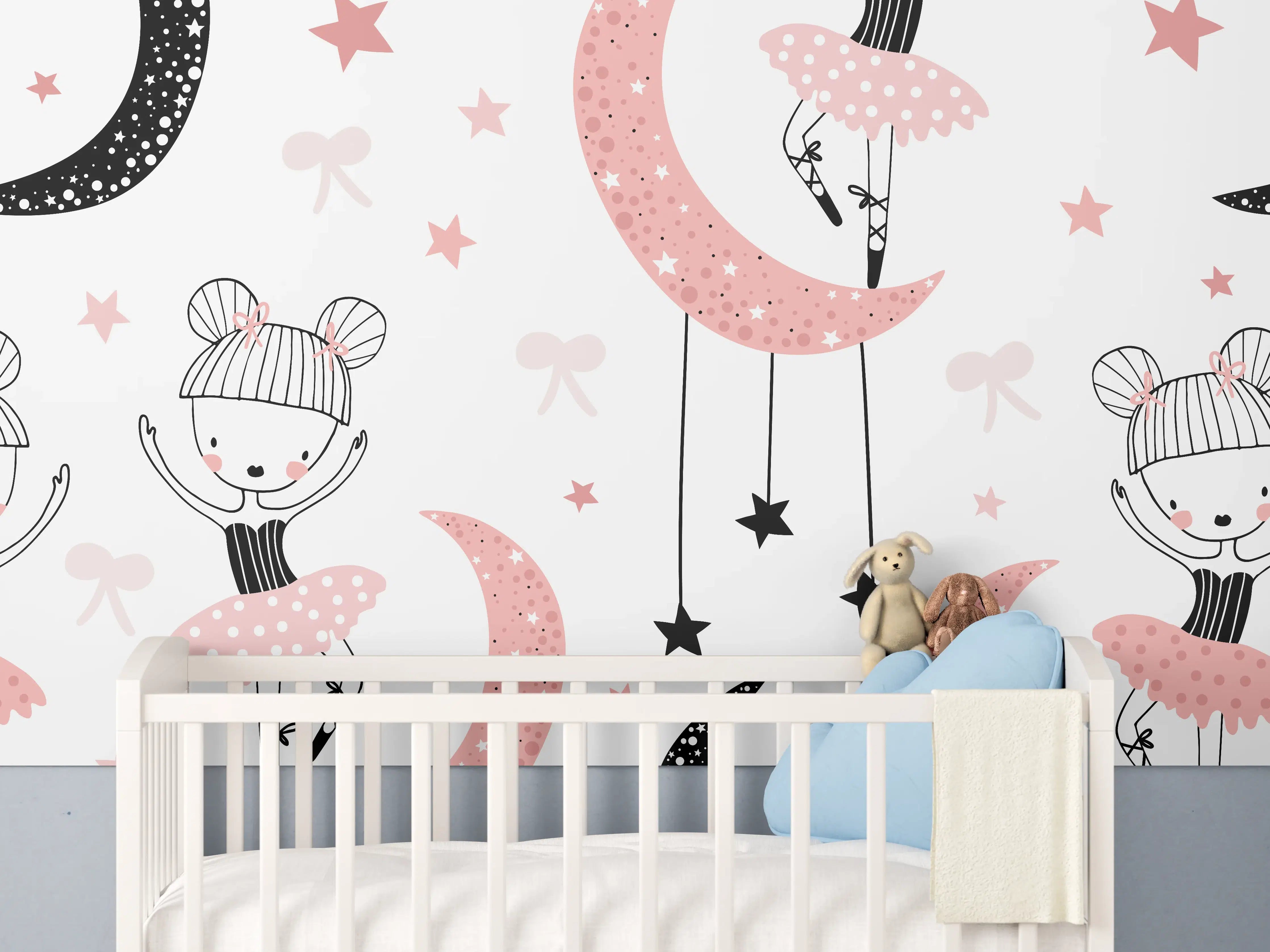 Babyzimmer Wandgestaltung - Mädchen auf Mond mit Sternen und Bällen