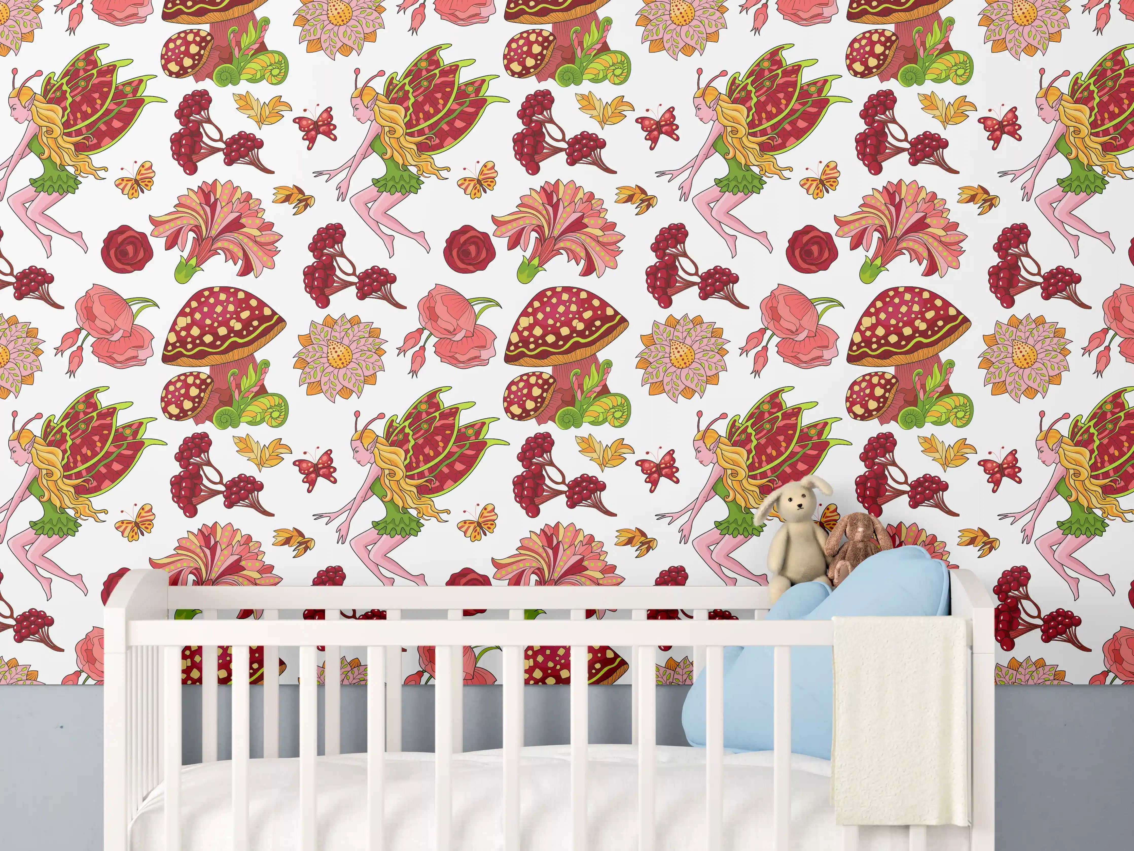 Babyzimmer Wandgestaltung - Märchenhafte Pilz- und Blumenmuster in Rot und Gelb