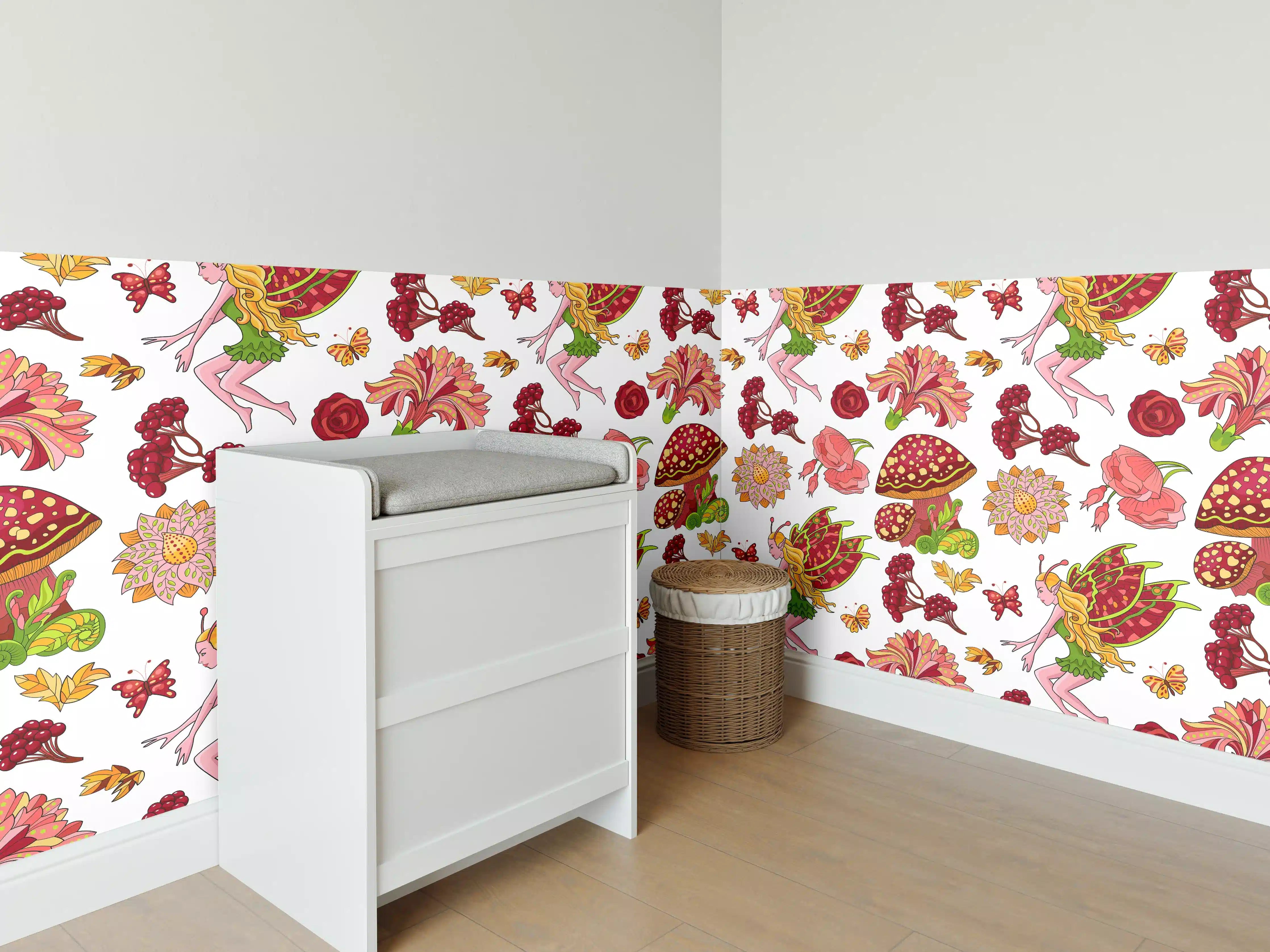 Babyzimmer Wandgestaltung - Märchenhafte Pilz- und Blumenmuster in Rot und Gelb