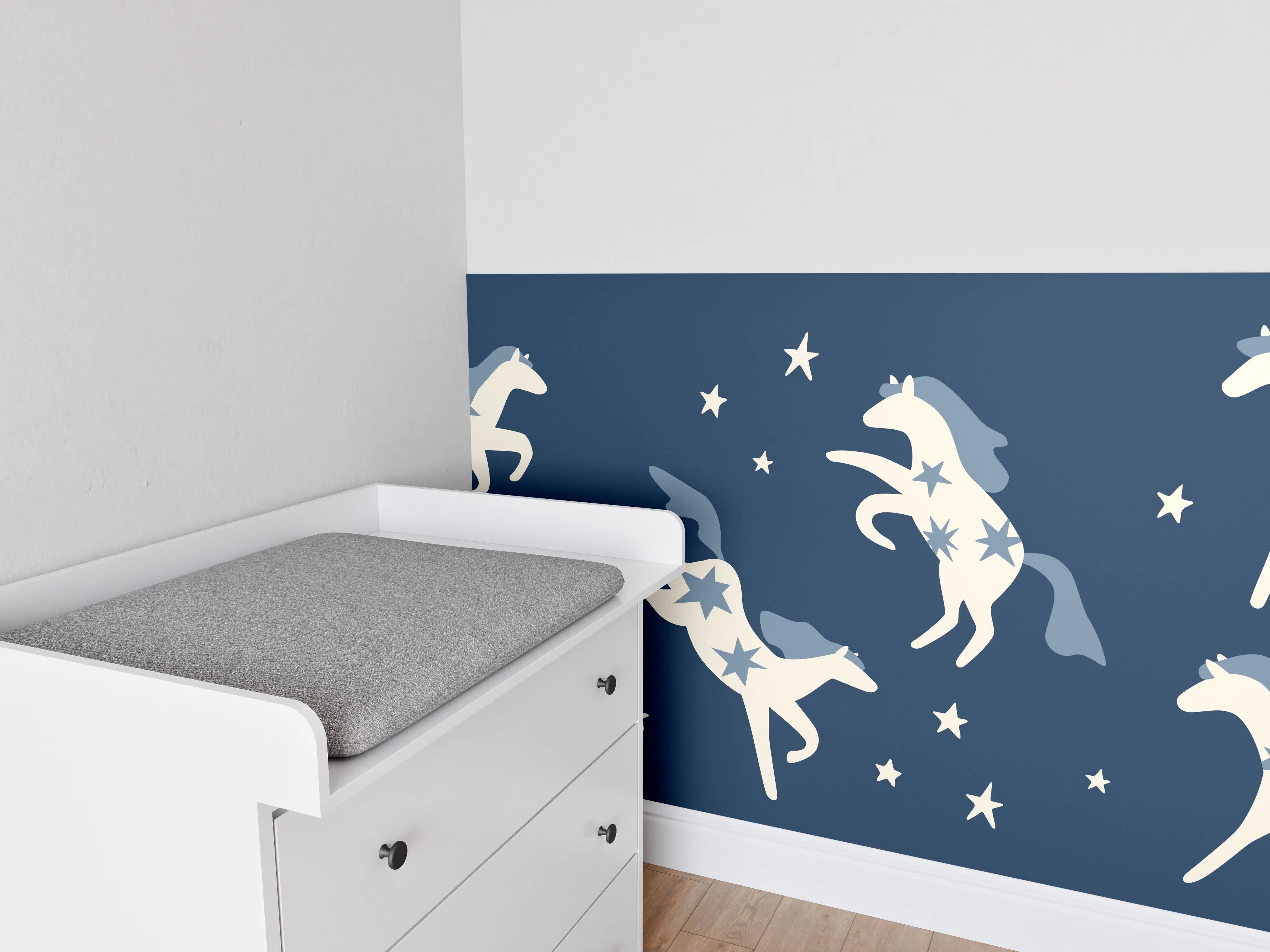 Babyzimmer Wandgestaltung - Magische Pferde mit Sternen in Nachthimmel