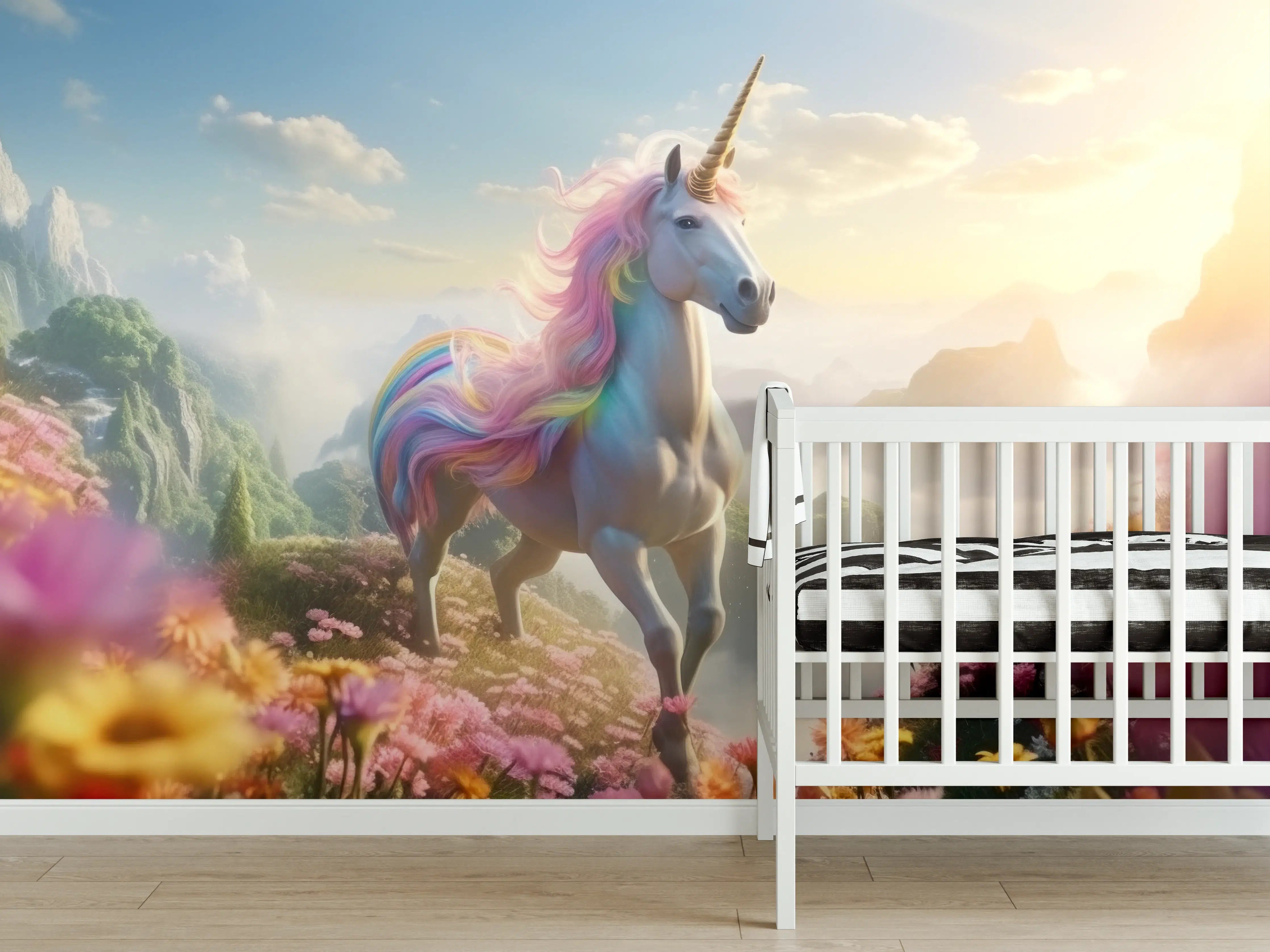 Babyzimmer Wandgestaltung - Magischer Einhorn-Ausblick mit Blumenmeer