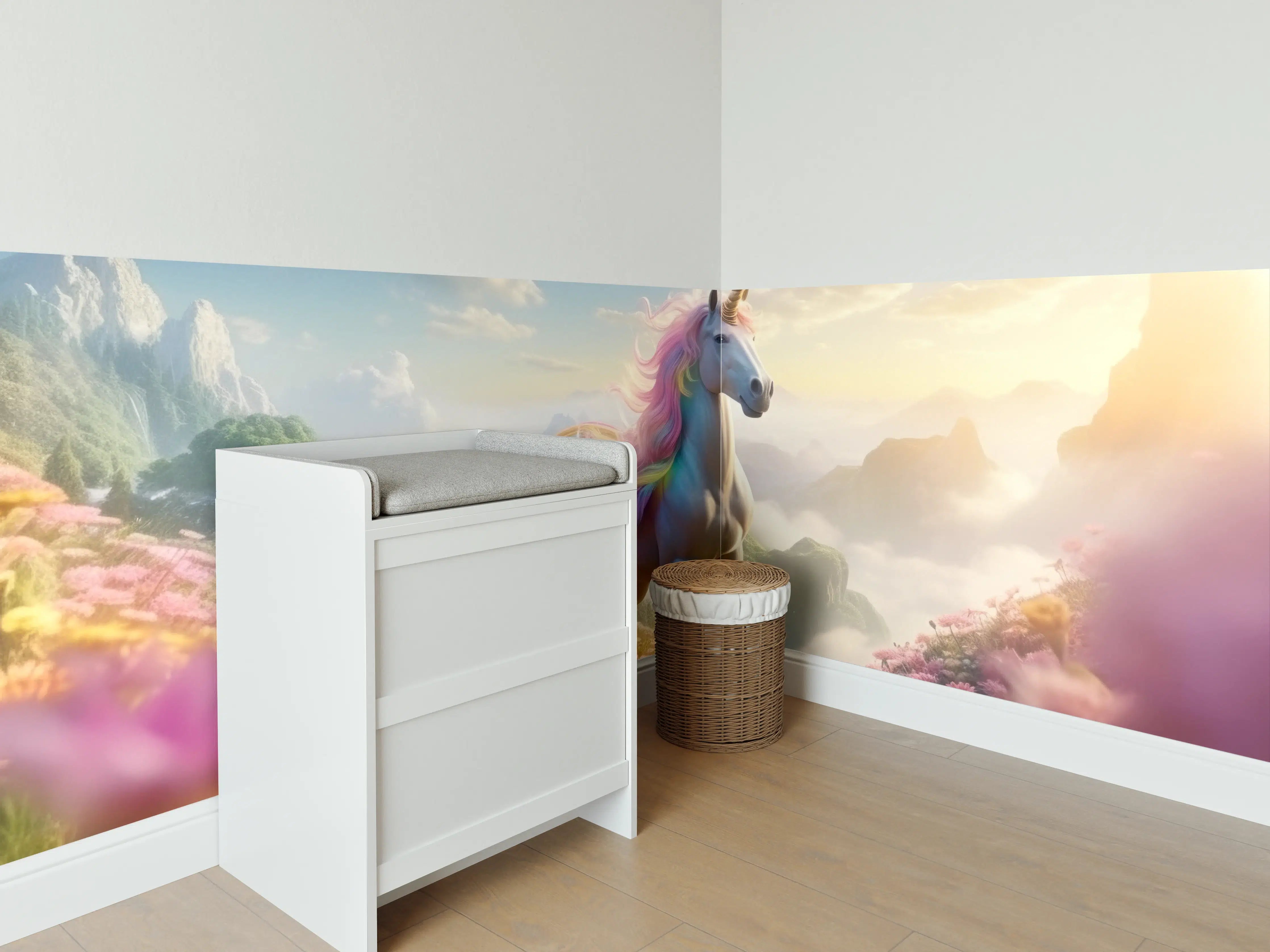 Babyzimmer Wandgestaltung - Magischer Einhorn-Ausblick mit Blumenmeer