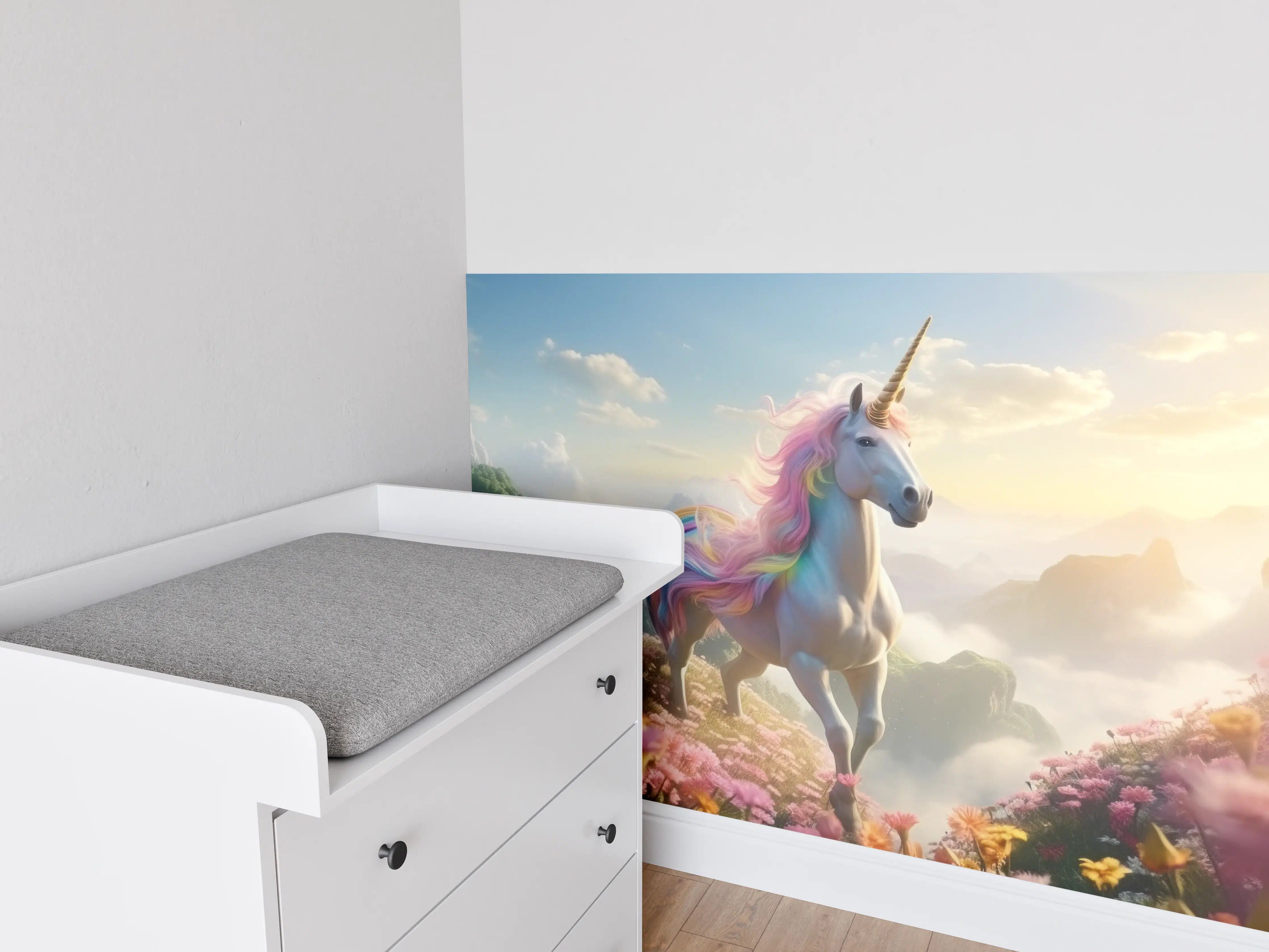 Babyzimmer Wandgestaltung - Magischer Einhorn-Ausblick mit Blumenmeer