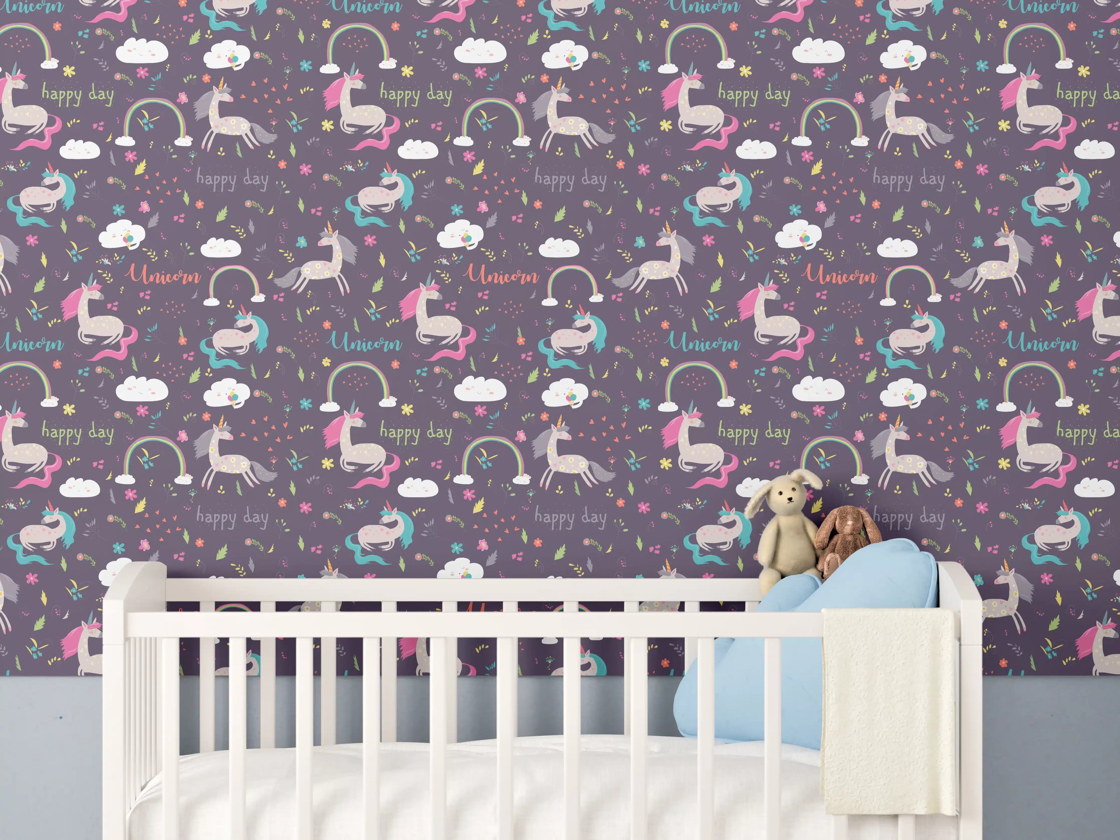 Babyzimmer Wandgestaltung - Magischer Einhorntraum auf dunklem Hintergrund