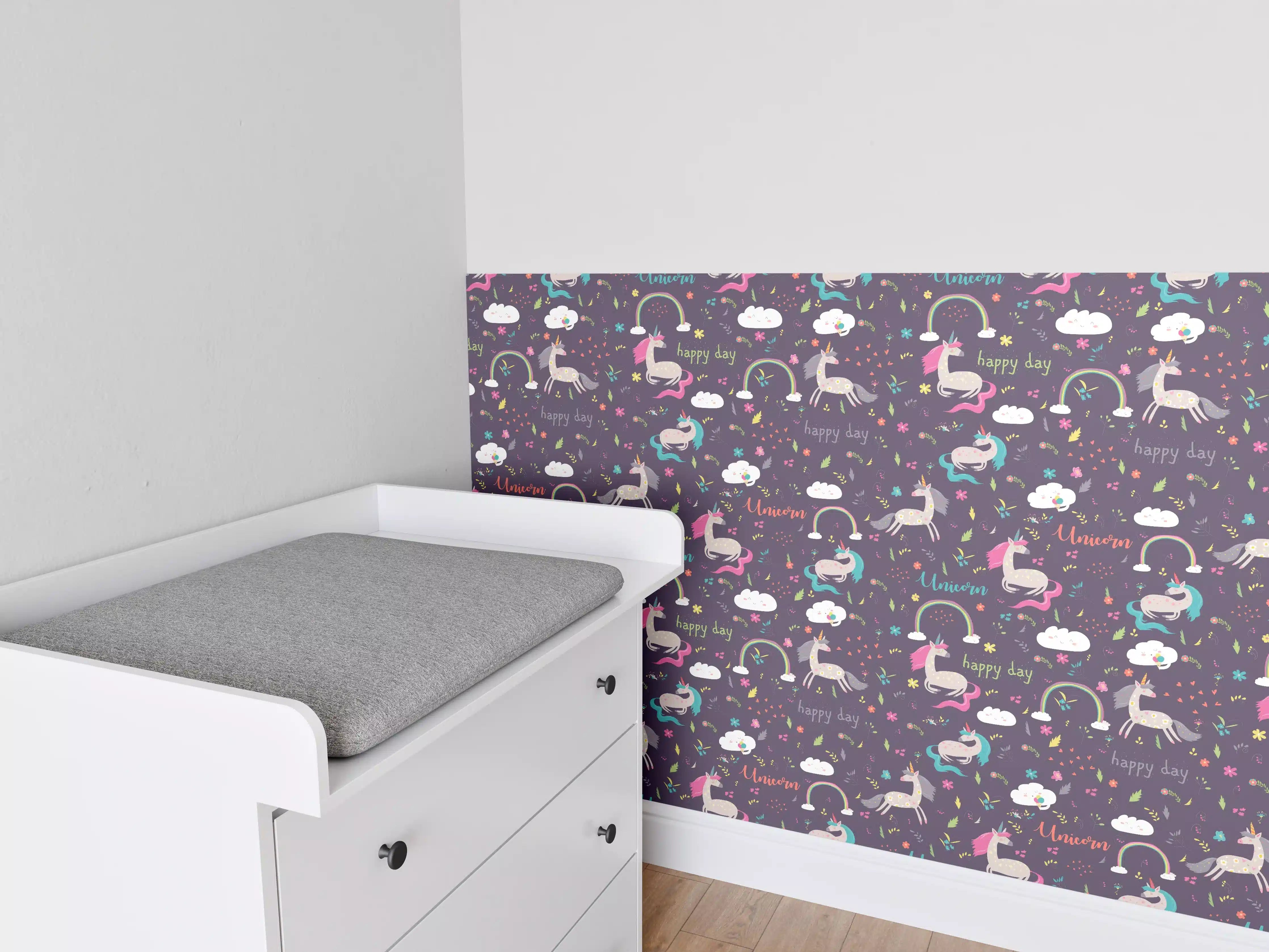 Babyzimmer Wandgestaltung - Magischer Einhorntraum auf dunklem Hintergrund