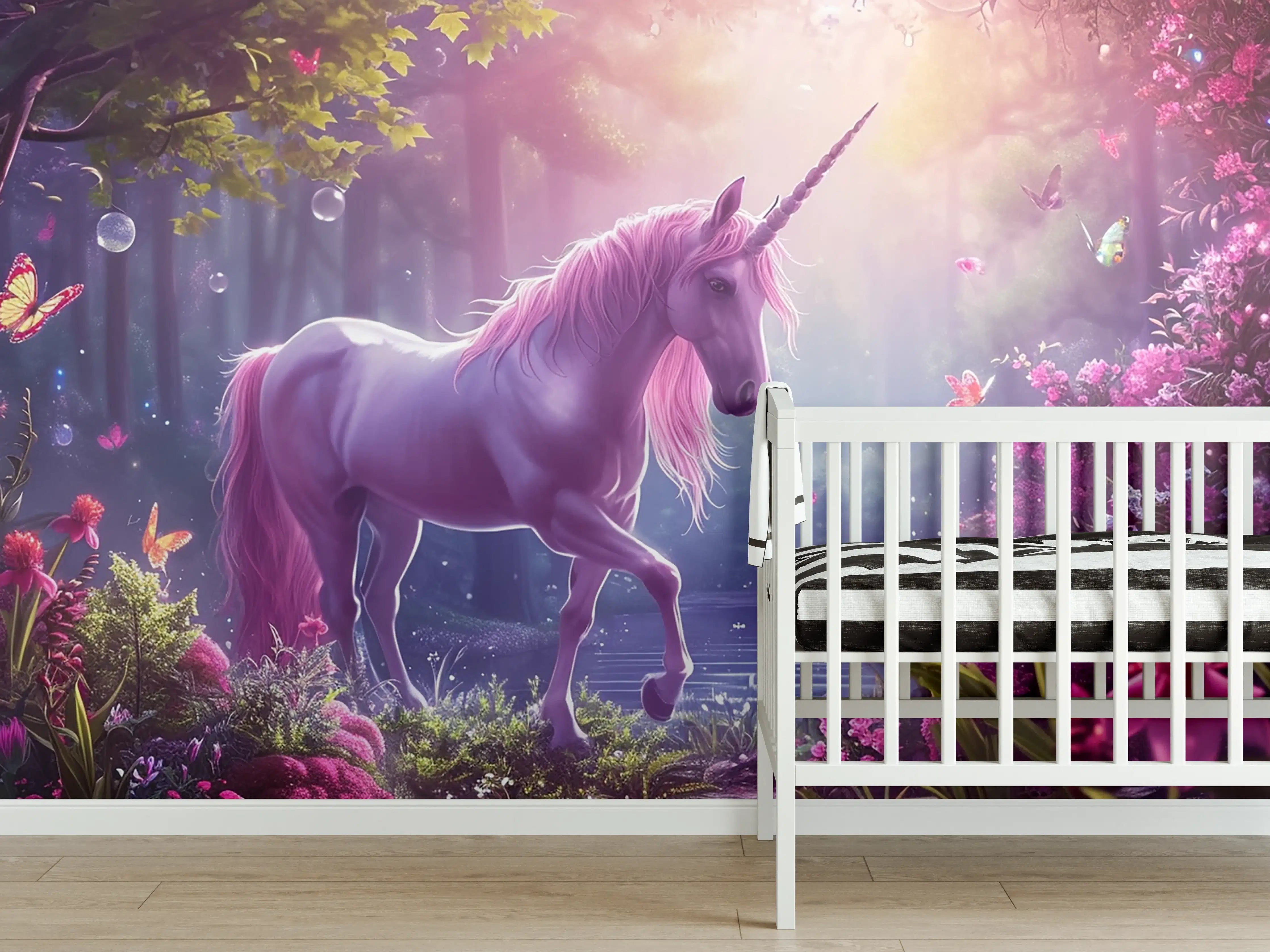 Babyzimmer Wandgestaltung - Magischer Einhornwald mit pinken Blüten und sanftem Licht