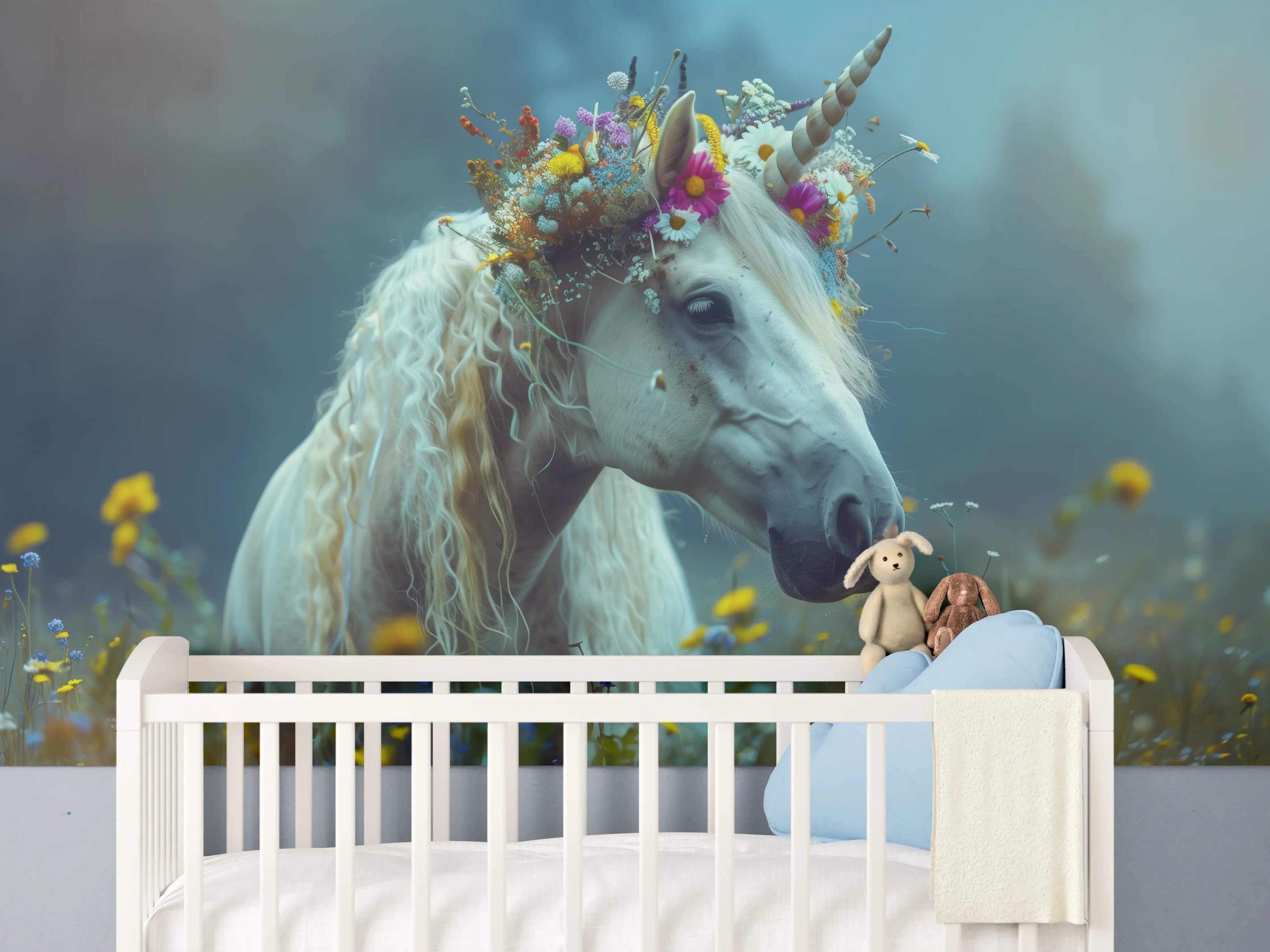 Babyzimmer Wandgestaltung - Magischer Einhornzauber in blühender Wiesenlandschaft