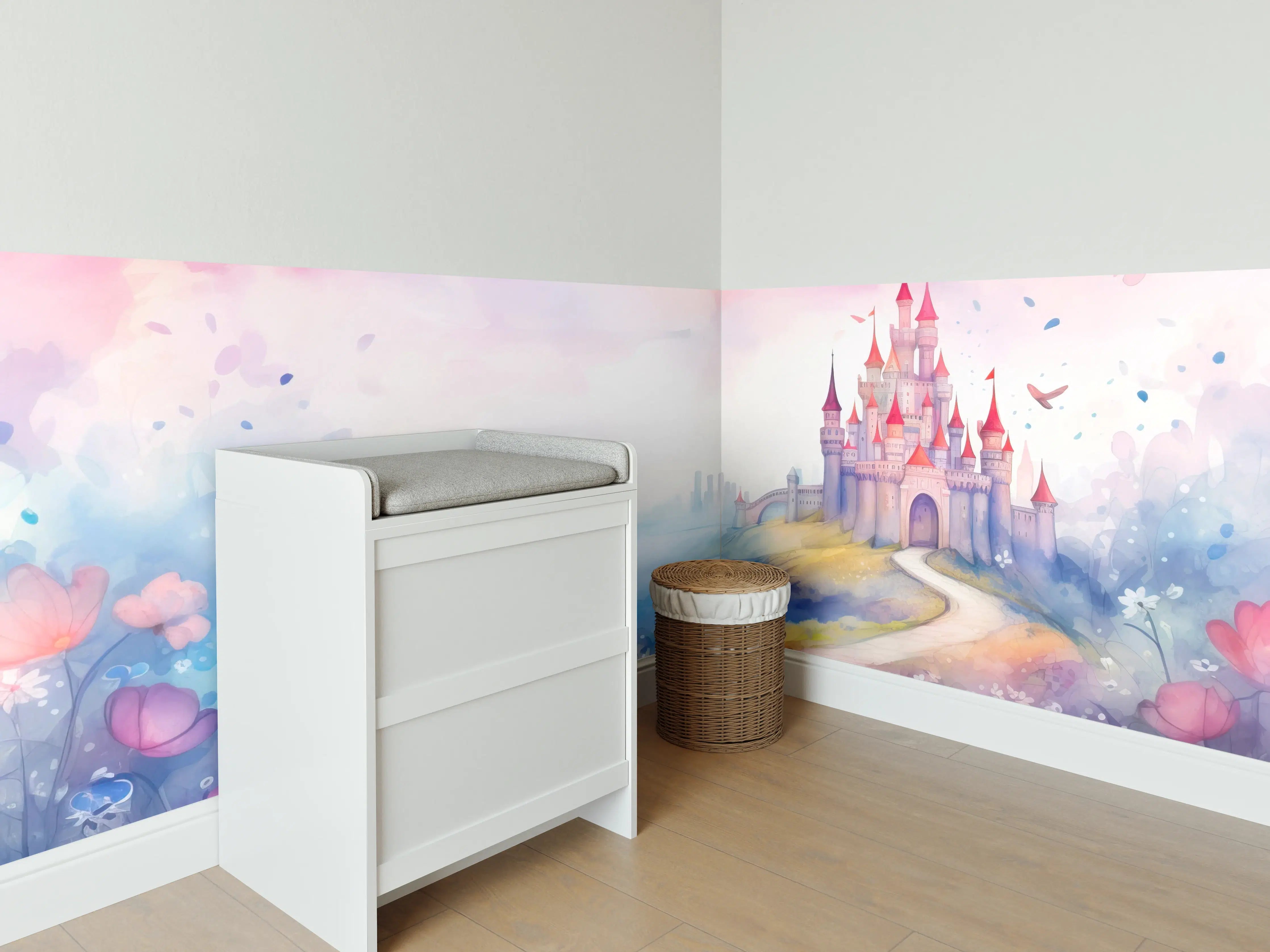 Babyzimmer Wandgestaltung - Magischer Märchenschloss in Pastellfarben