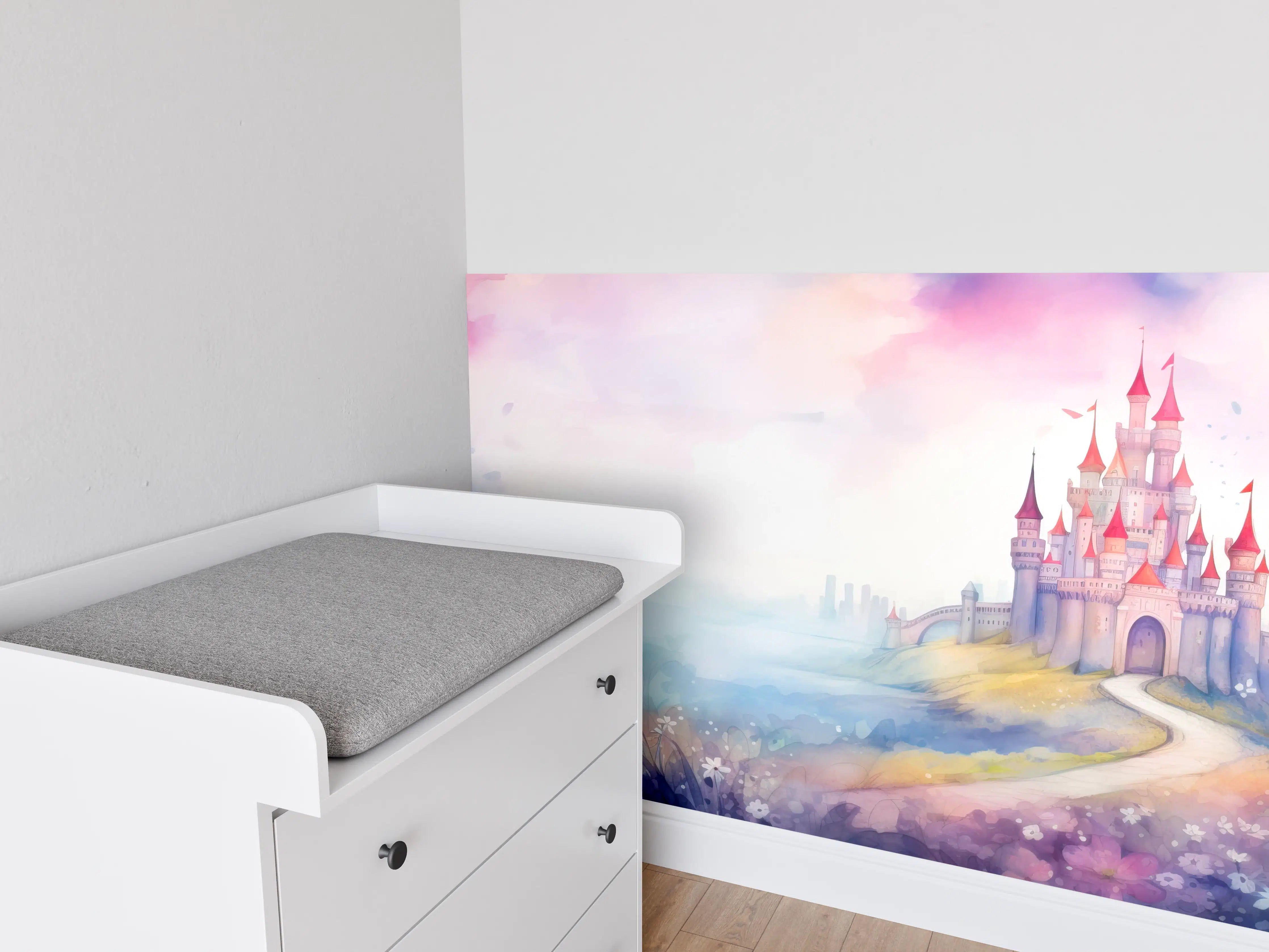 Babyzimmer Wandgestaltung - Magischer Märchenschloss in Pastellfarben
