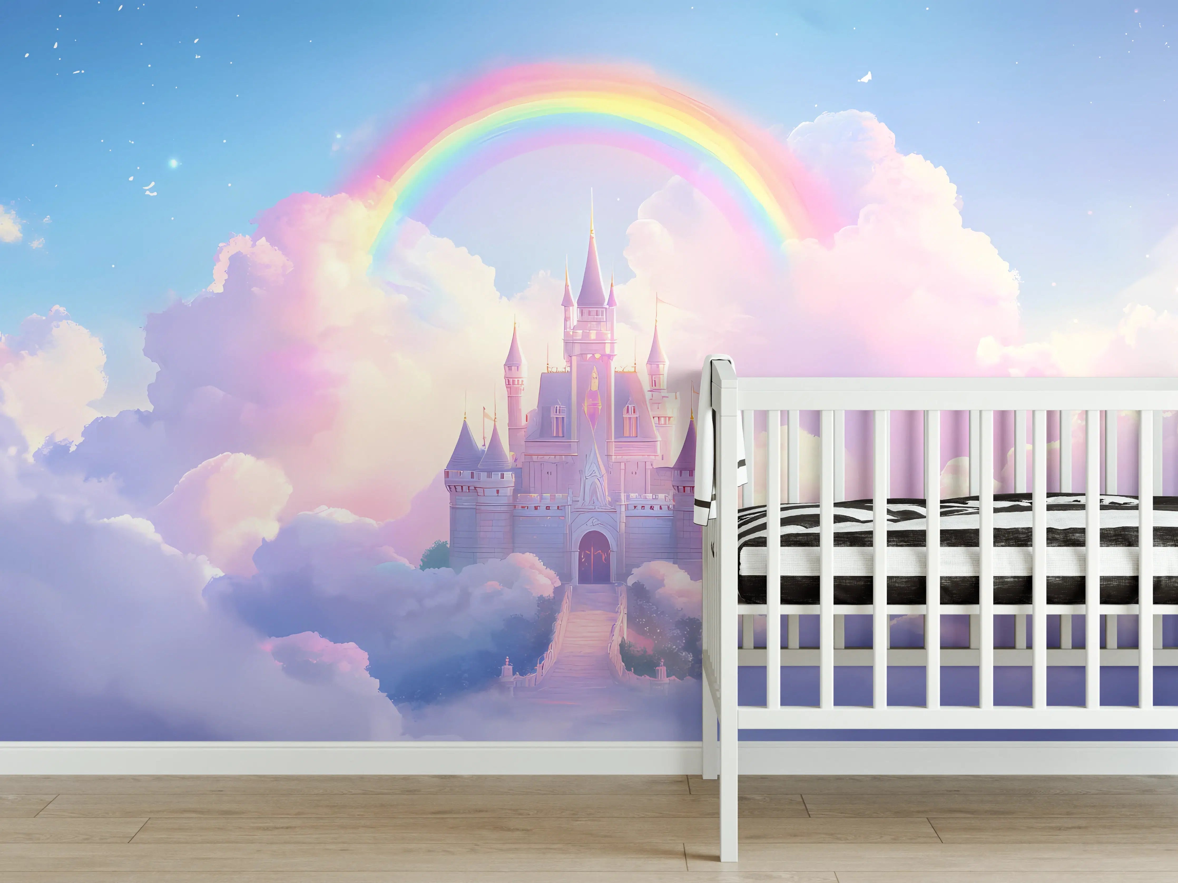 Babyzimmer Wandgestaltung - Magischer Regenbogen über Märchenschloss