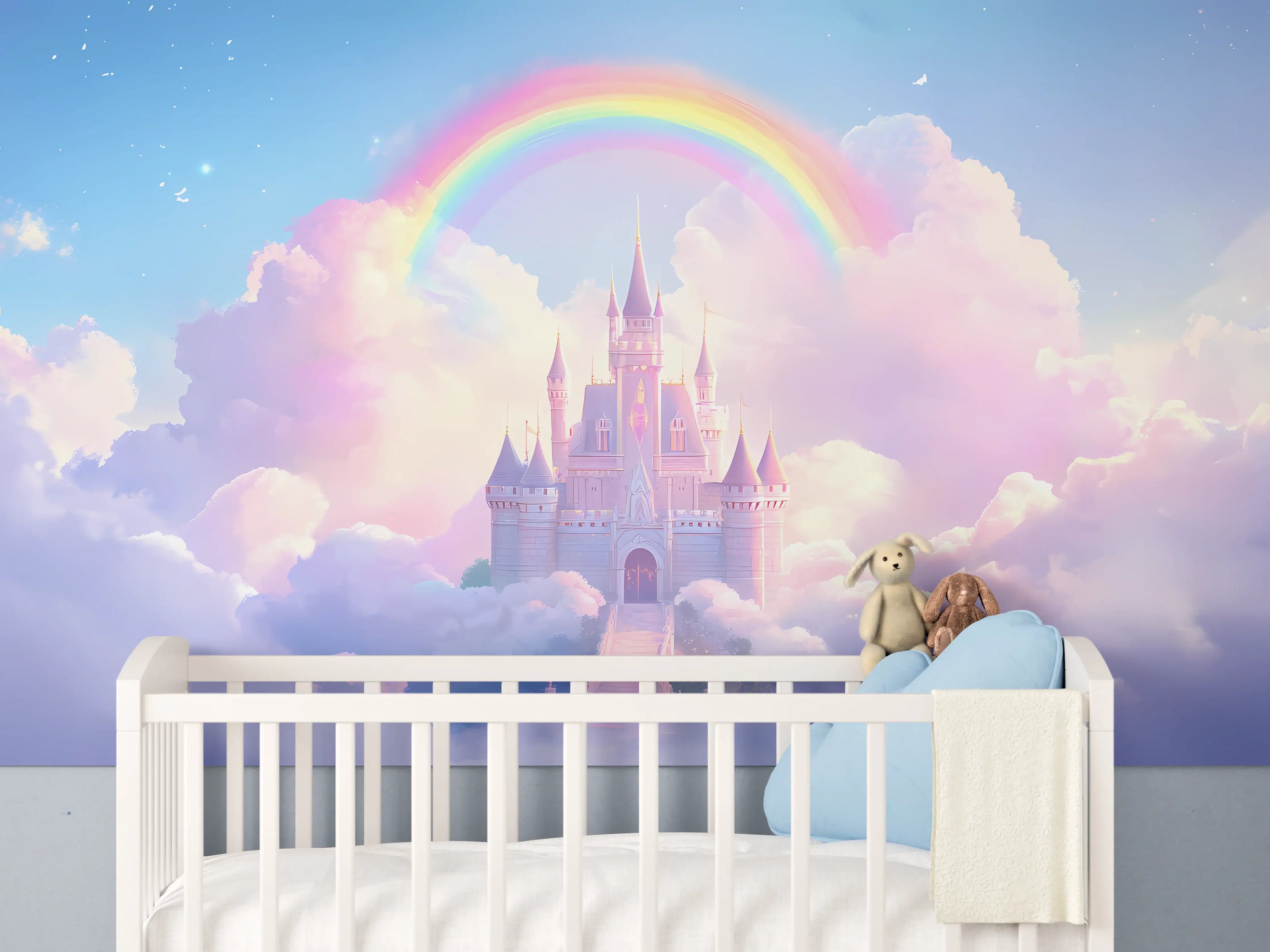 Babyzimmer Wandgestaltung - Magischer Regenbogen über Märchenschloss