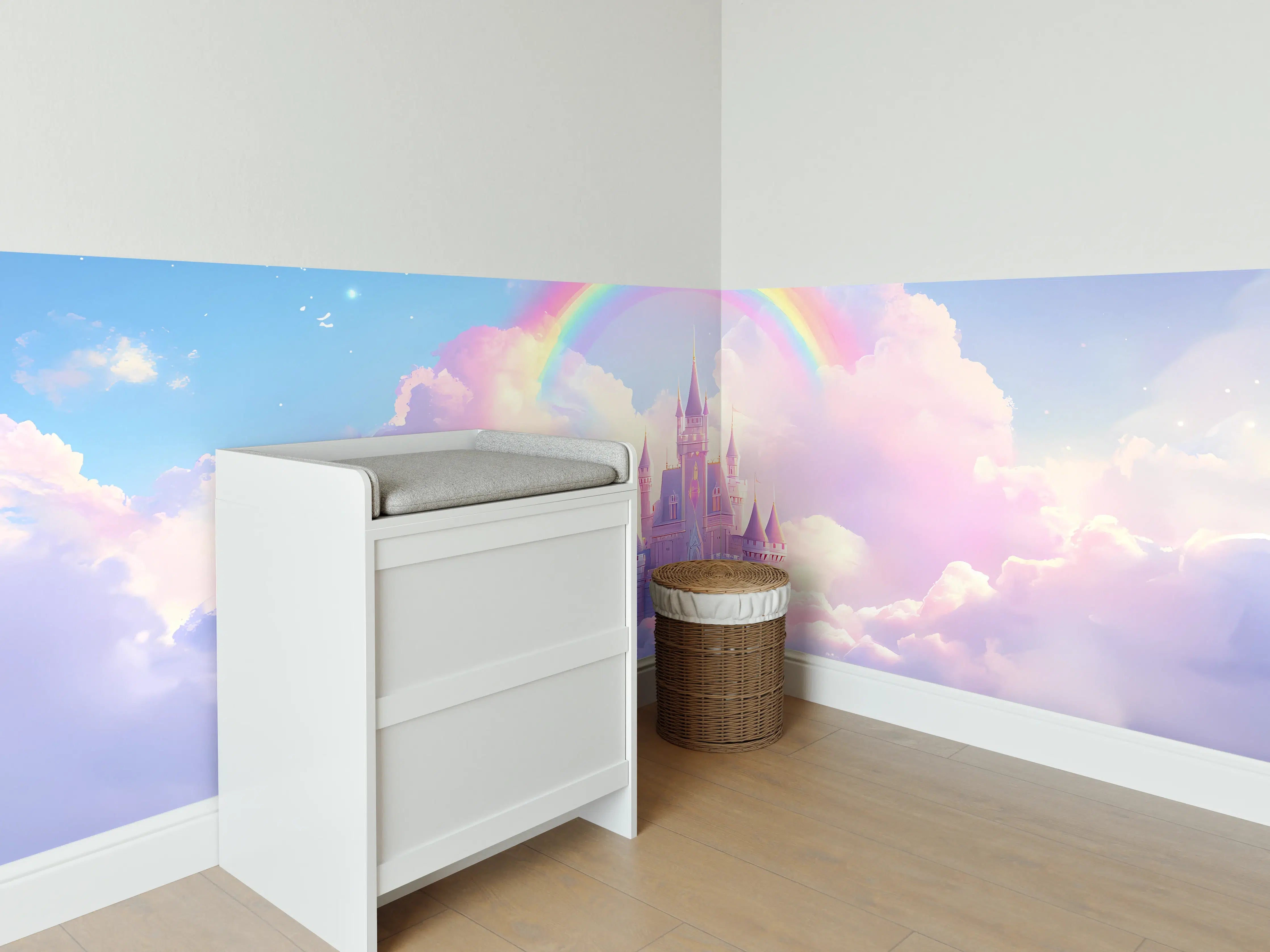 Babyzimmer Wandgestaltung - Magischer Regenbogen über Märchenschloss