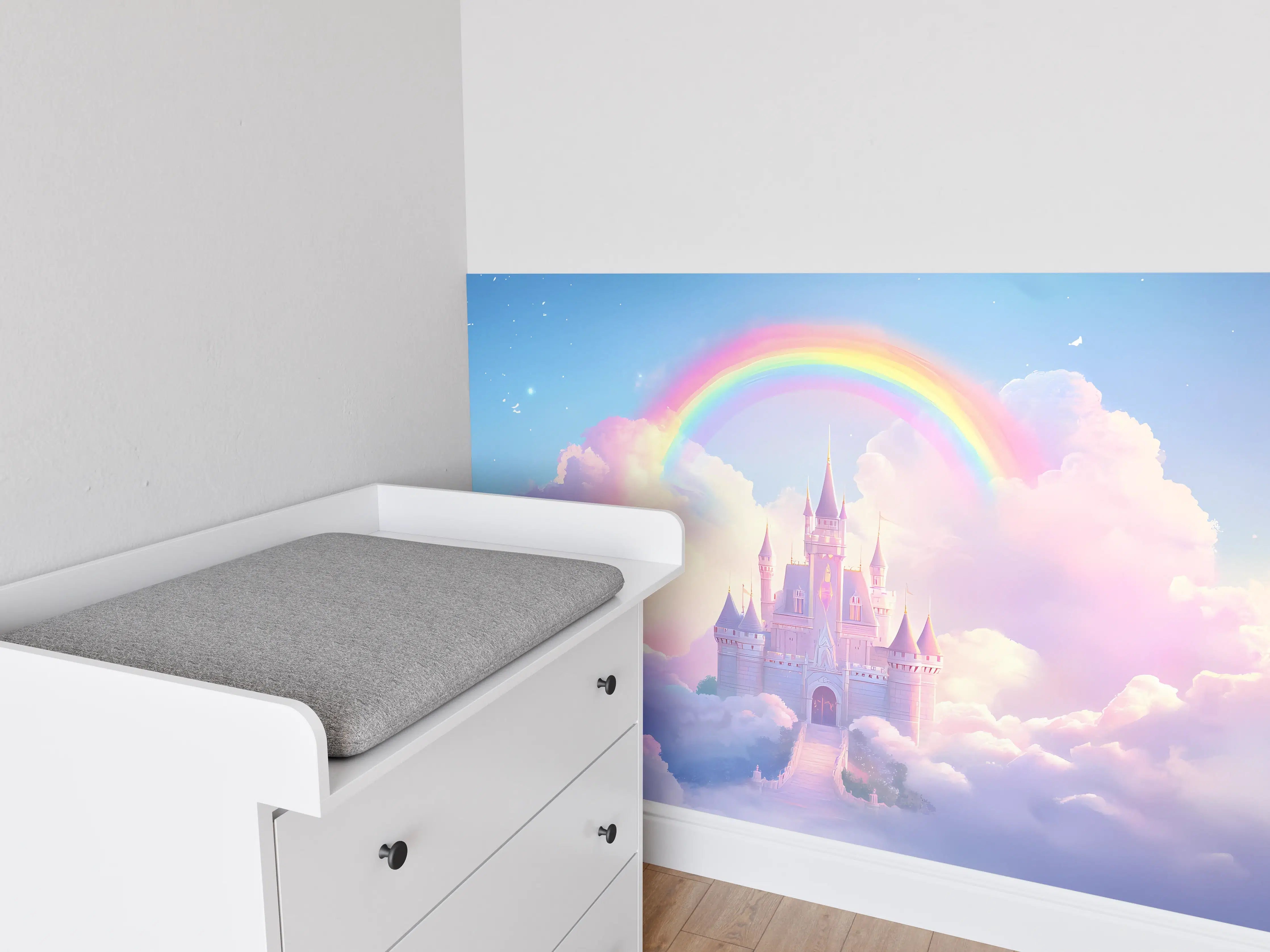 Babyzimmer Wandgestaltung - Magischer Regenbogen über Märchenschloss