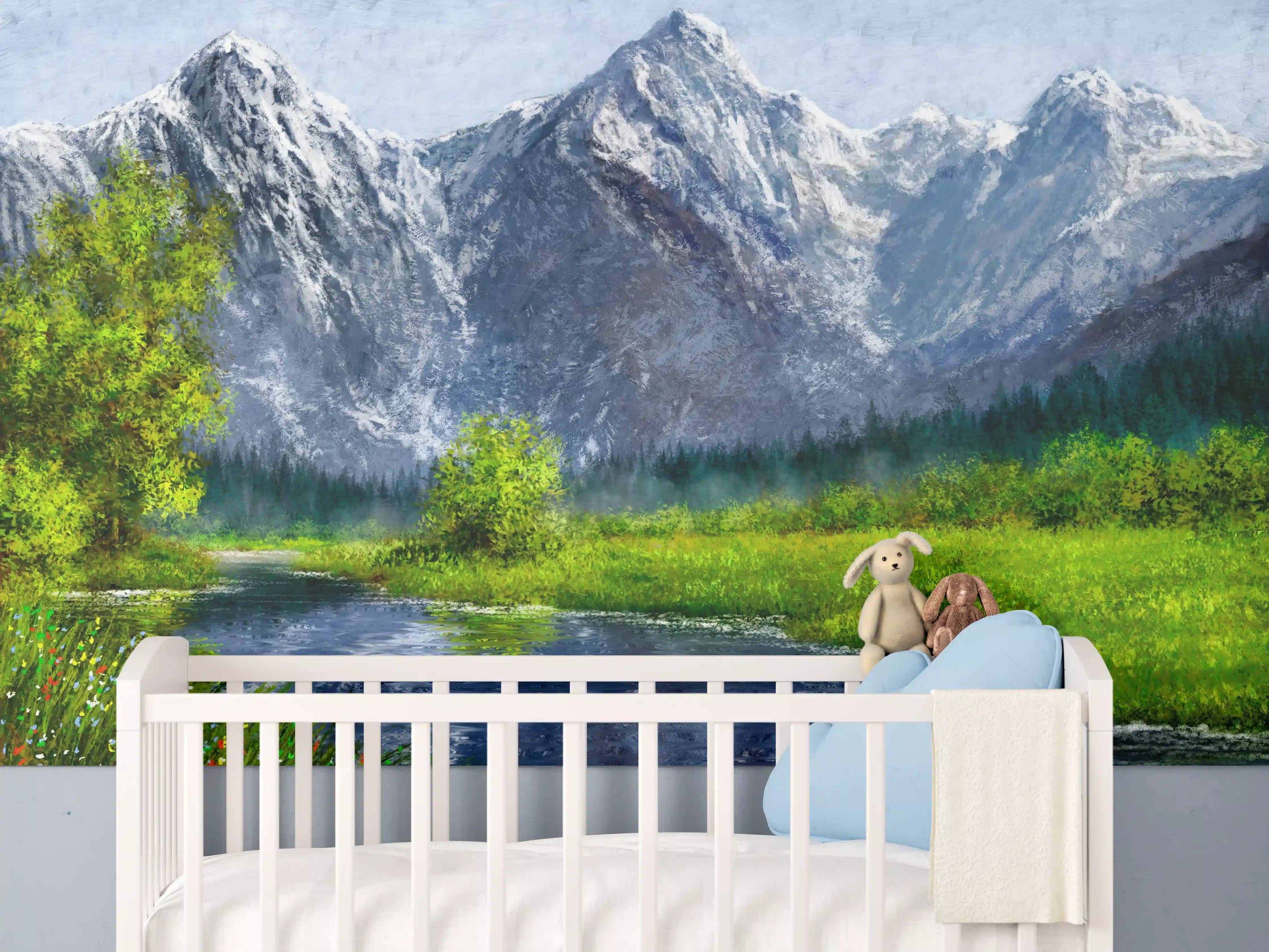 Babyzimmer Wandgestaltung - Majestätische Schneegipfel mit Flusslandschaft