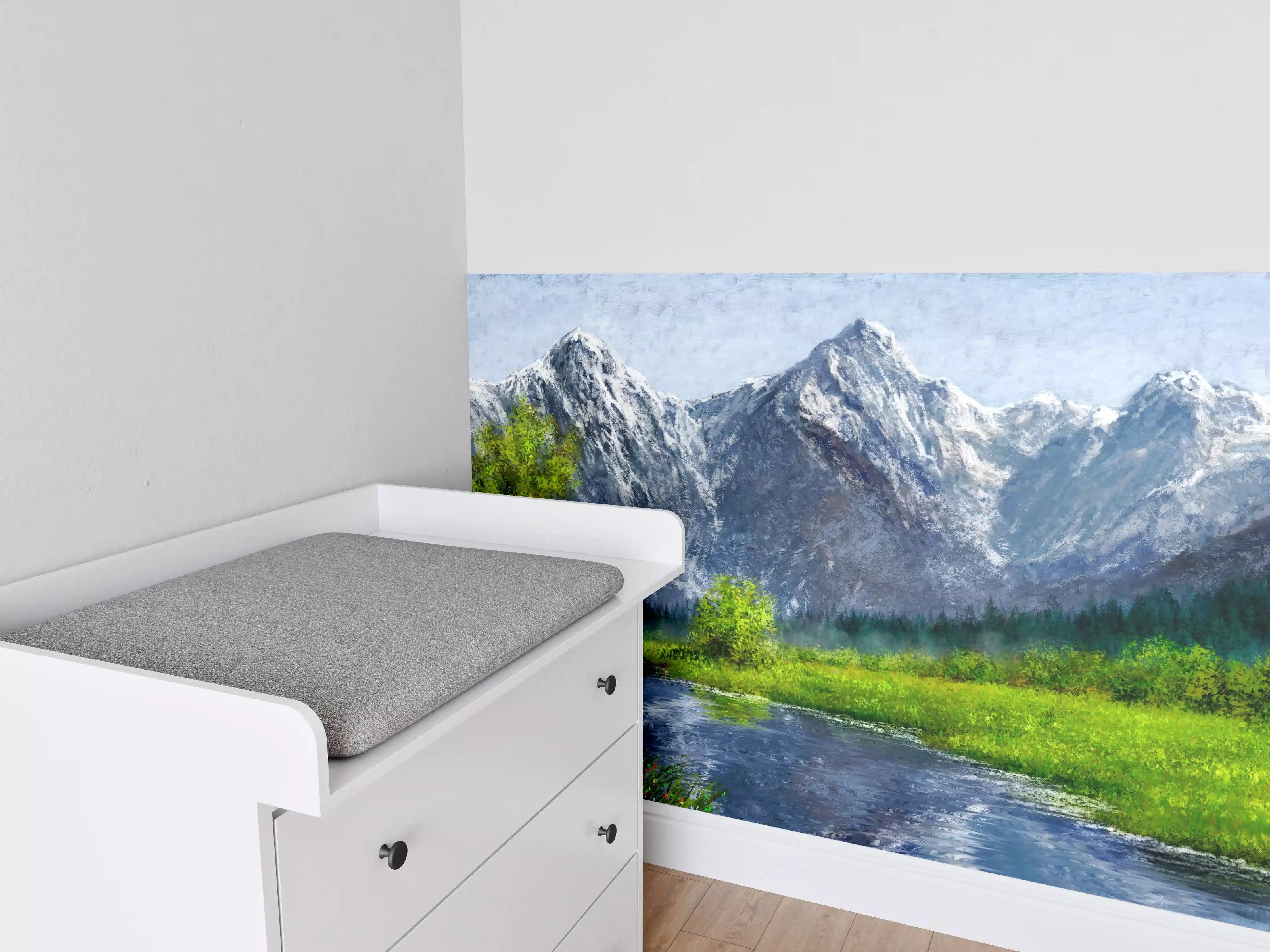 Babyzimmer Wandgestaltung - Majestätische Schneegipfel mit Flusslandschaft