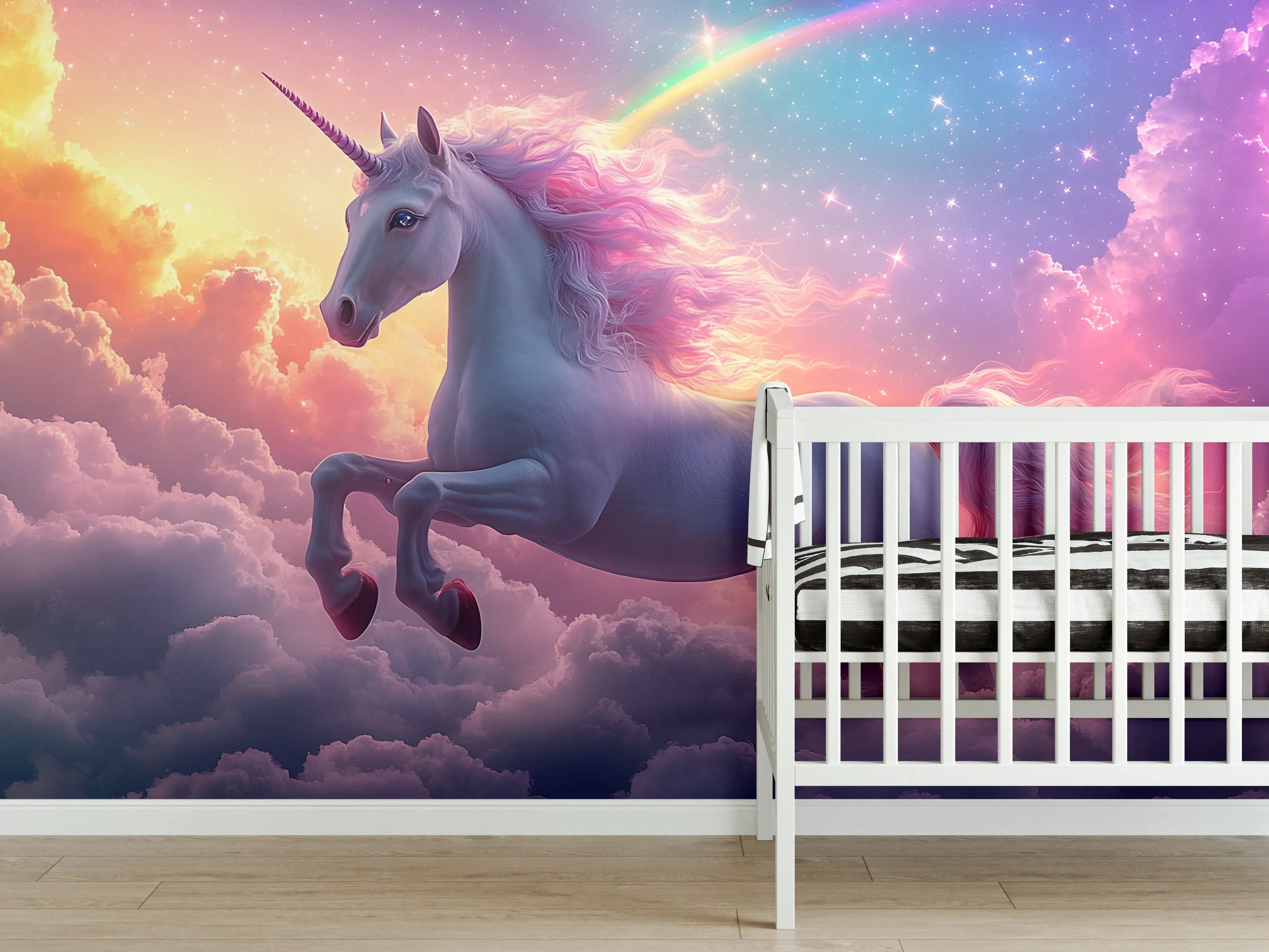 Babyzimmer Wandgestaltung - Majestischer Einhorn-Himmel mit Regenbogen