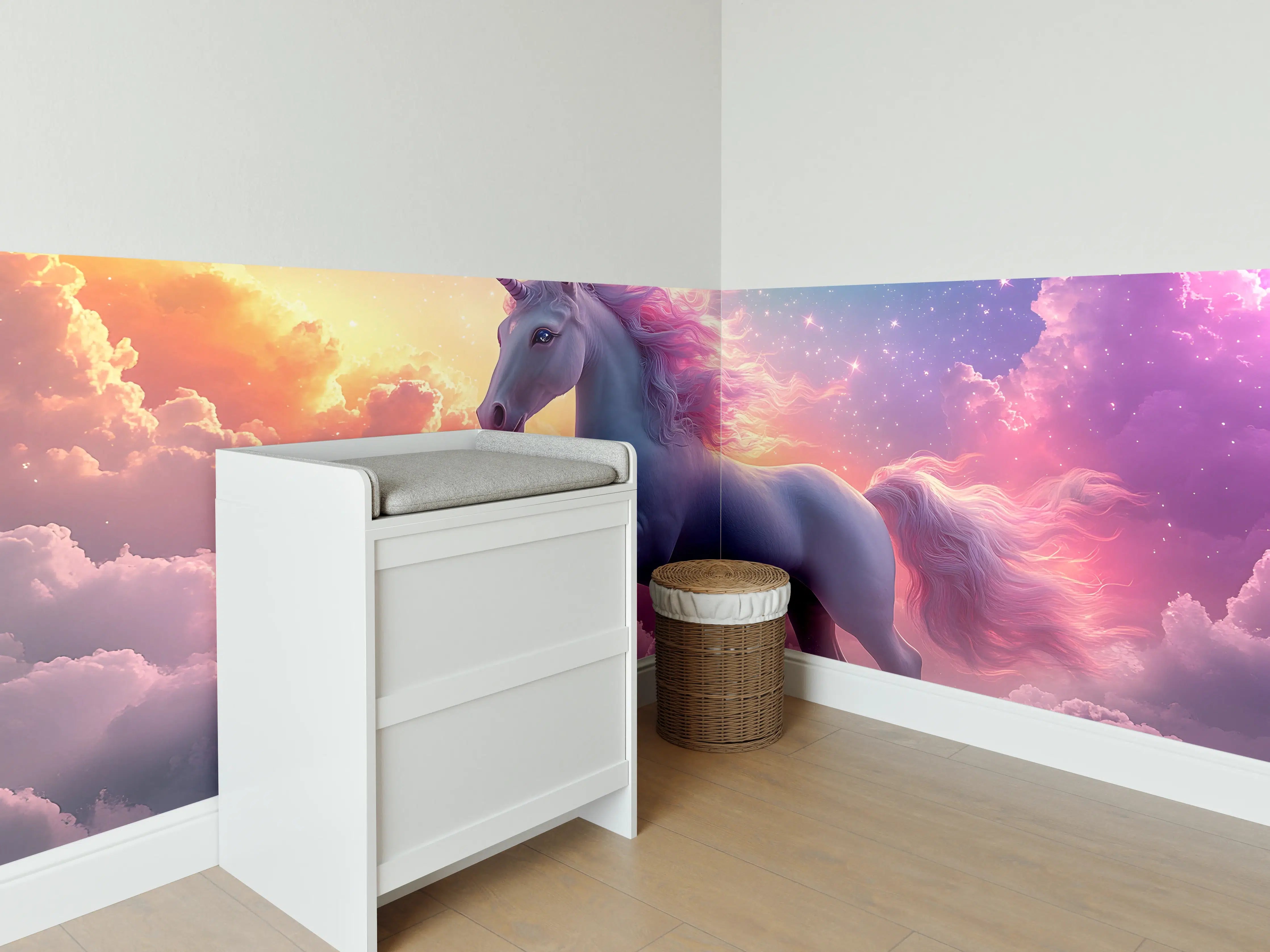 Babyzimmer Wandgestaltung - Majestischer Einhorn-Himmel mit Regenbogen