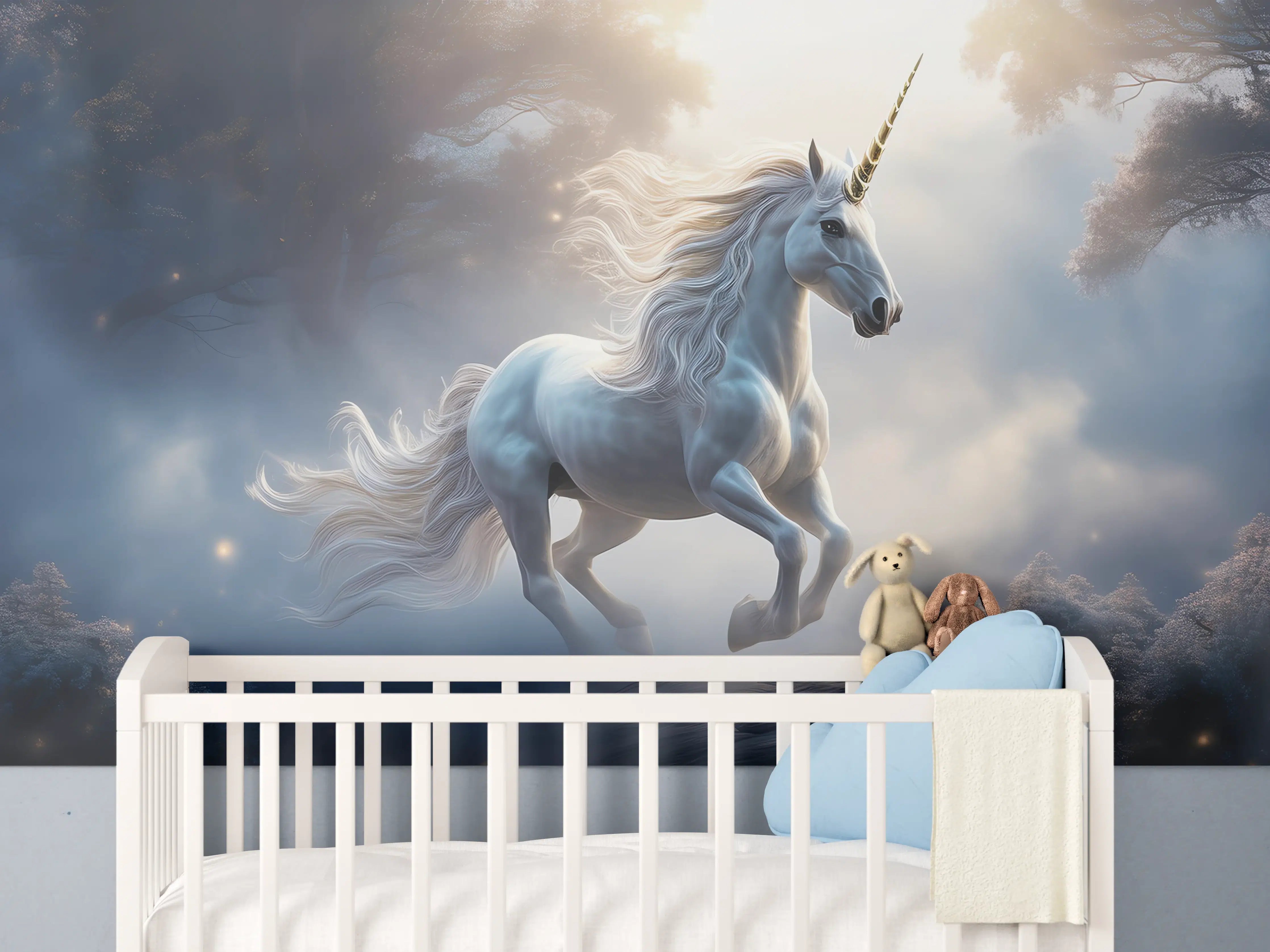 Babyzimmer Wandgestaltung - Majestischer Einhorn in mystischer Wolkenlandschaft