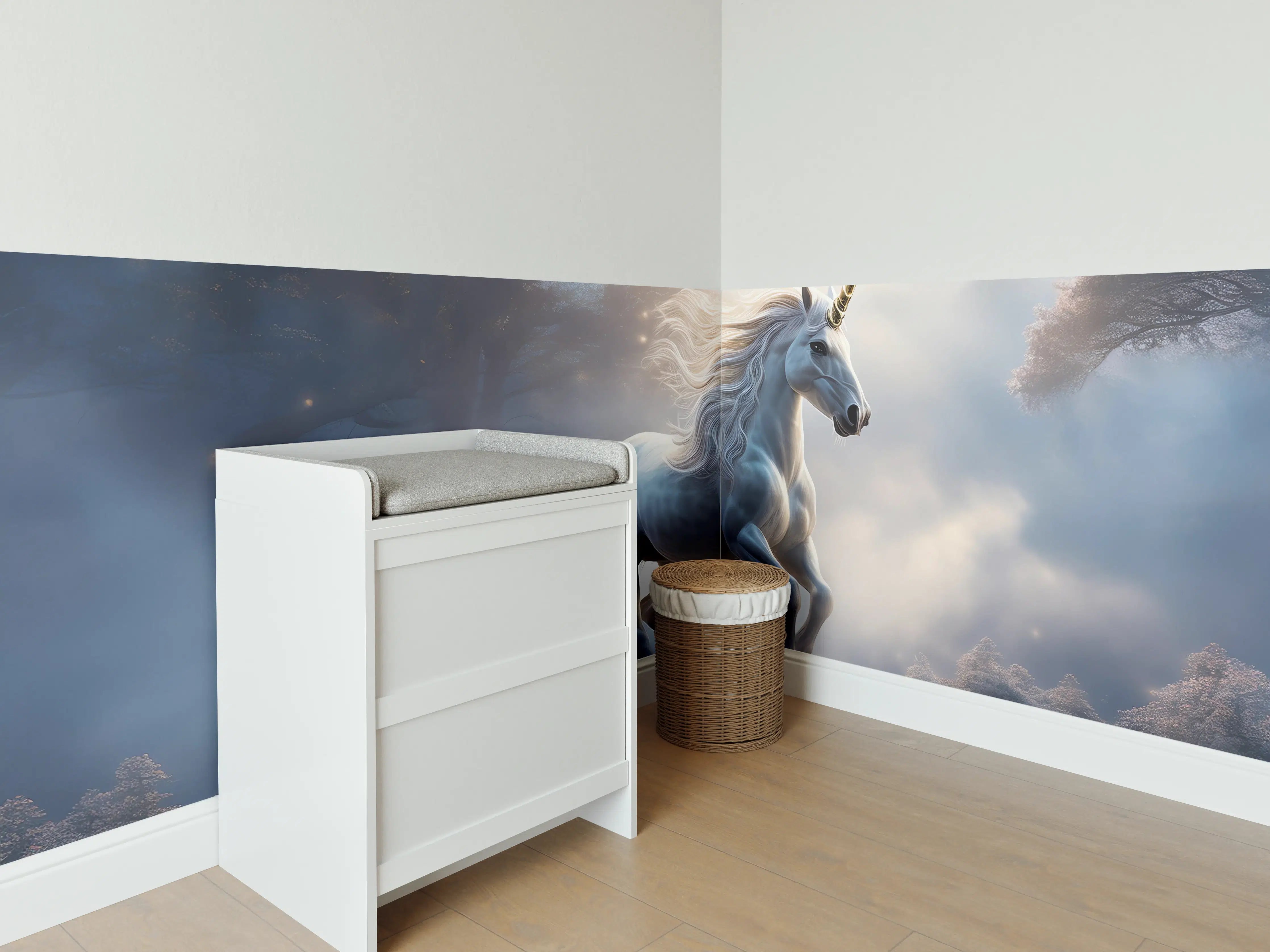 Babyzimmer Wandgestaltung - Majestischer Einhorn in mystischer Wolkenlandschaft