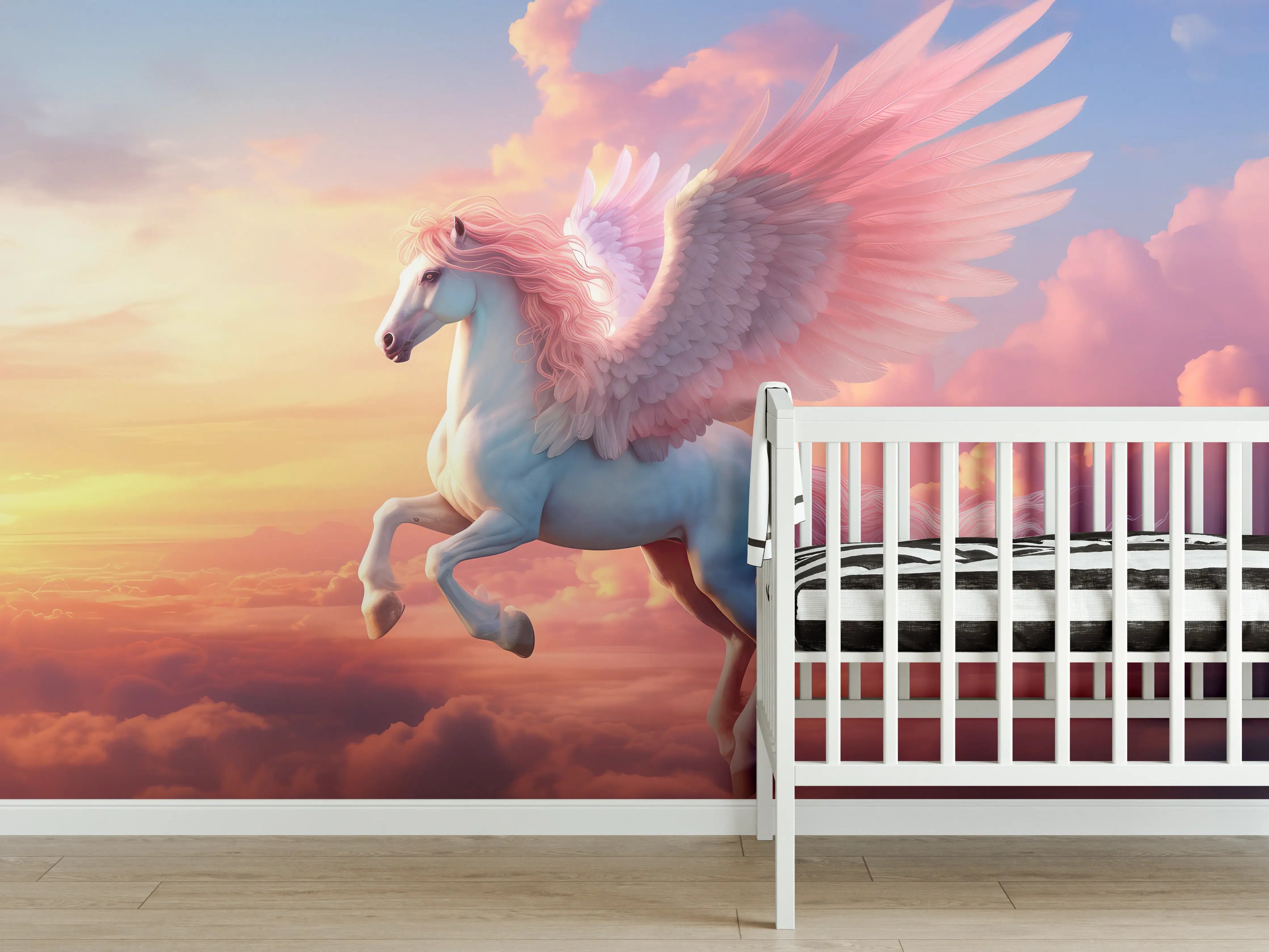 Babyzimmer Wandgestaltung - Majestischer Pegasus im Sonnenuntergang