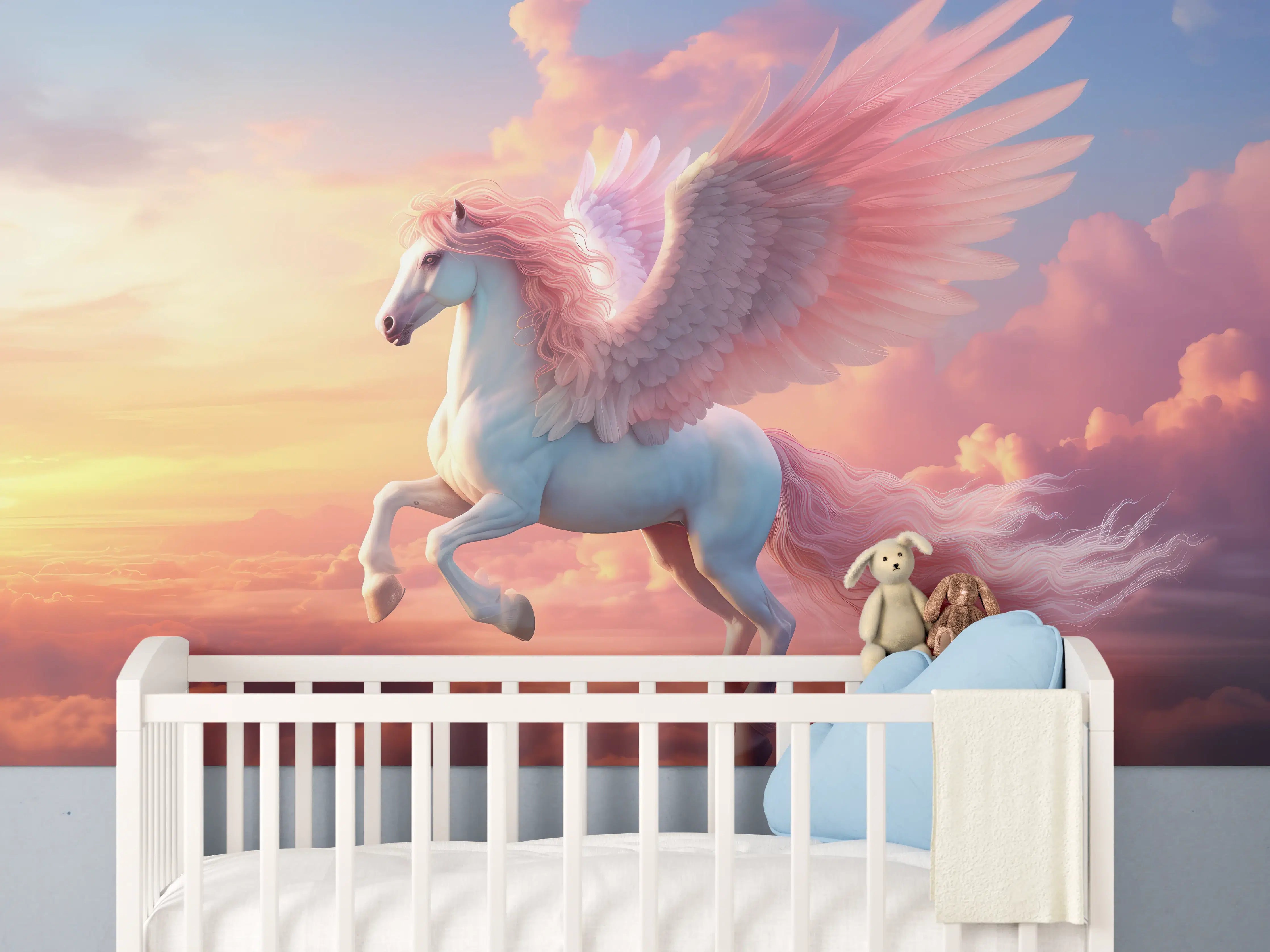 Babyzimmer Wandgestaltung - Majestischer Pegasus im Sonnenuntergang
