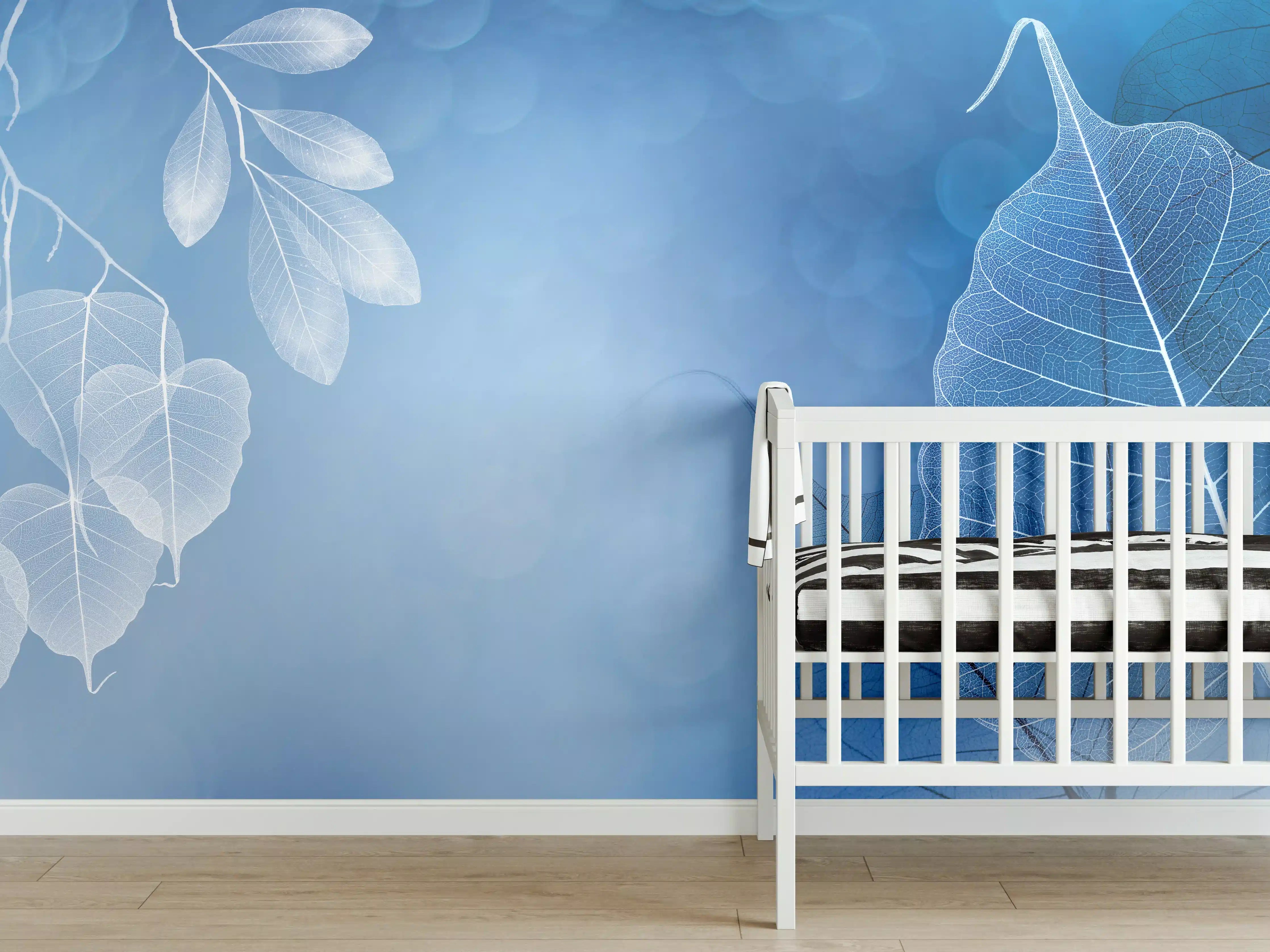 Babyzimmer Wandgestaltung - Makro Blätter Blau-Grau Kunst