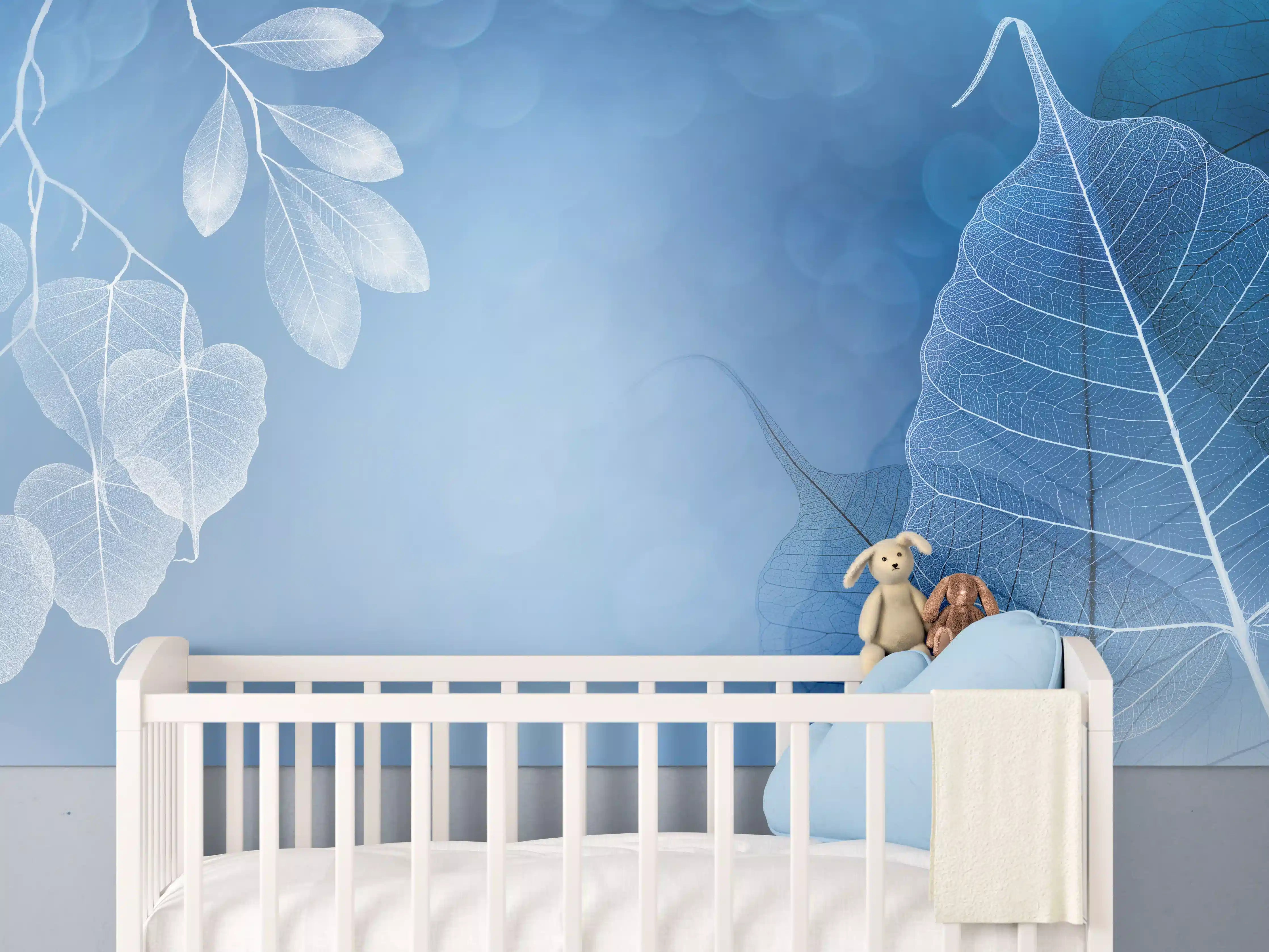 Babyzimmer Wandgestaltung - Makro Blätter Blau-Grau Kunst