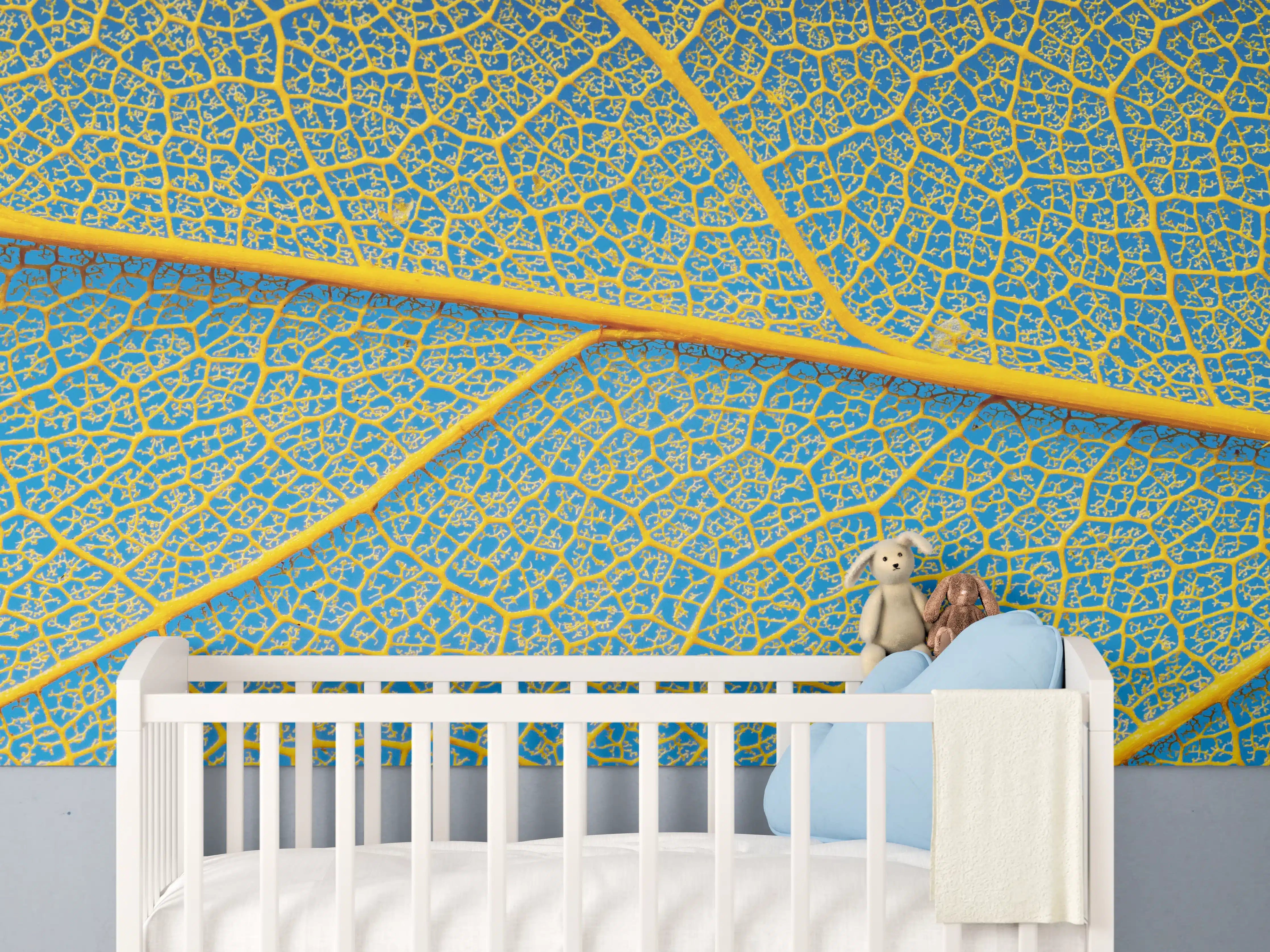 Babyzimmer Wandgestaltung - Makro Blattadern Textur Gelb-Blau