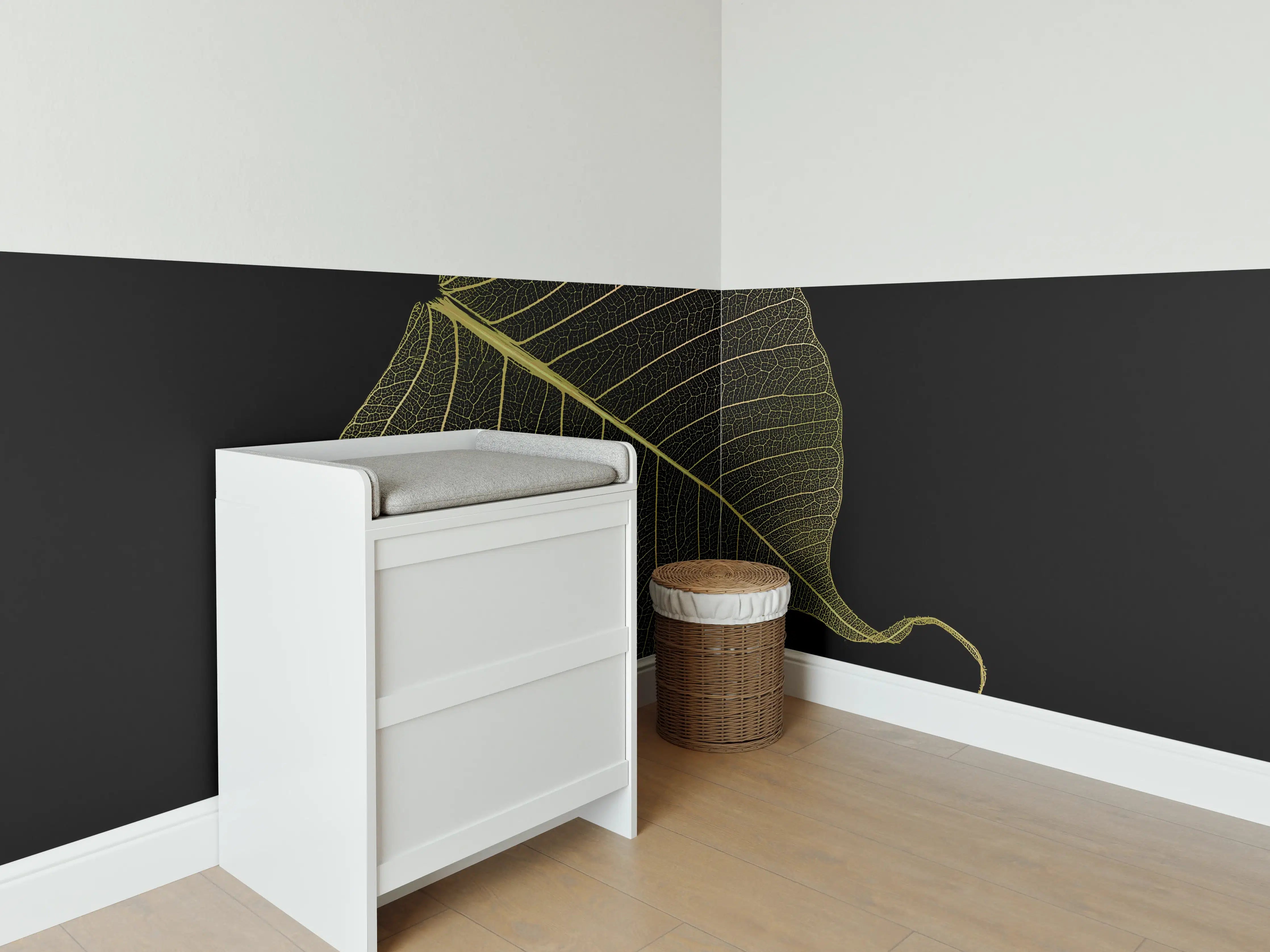 Babyzimmer Wandgestaltung - Makro Blattstruktur Schwarz-Gelb
