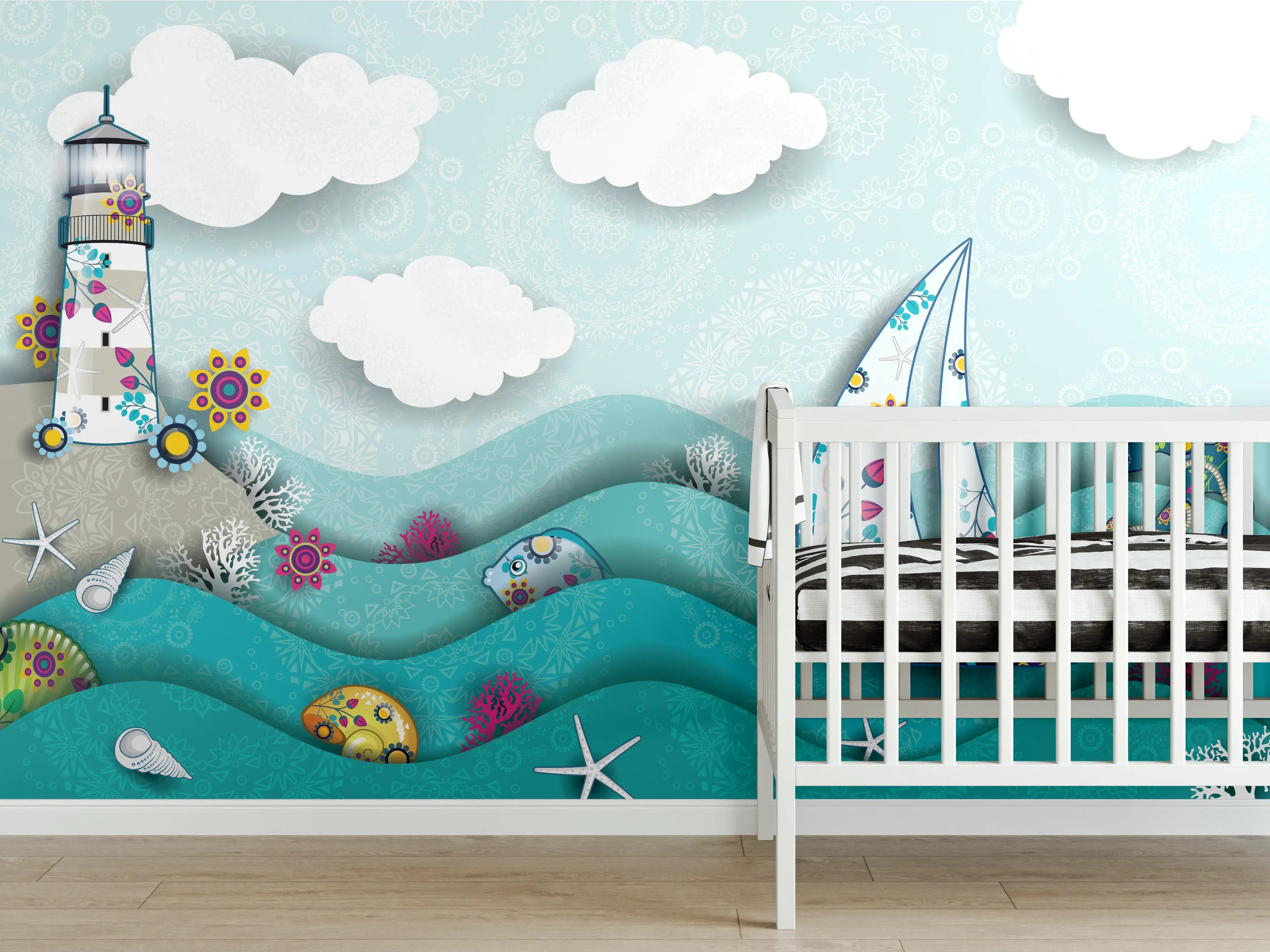 Babyzimmer Wandgestaltung - Marines Motiv mit Leuchtturm und Boot