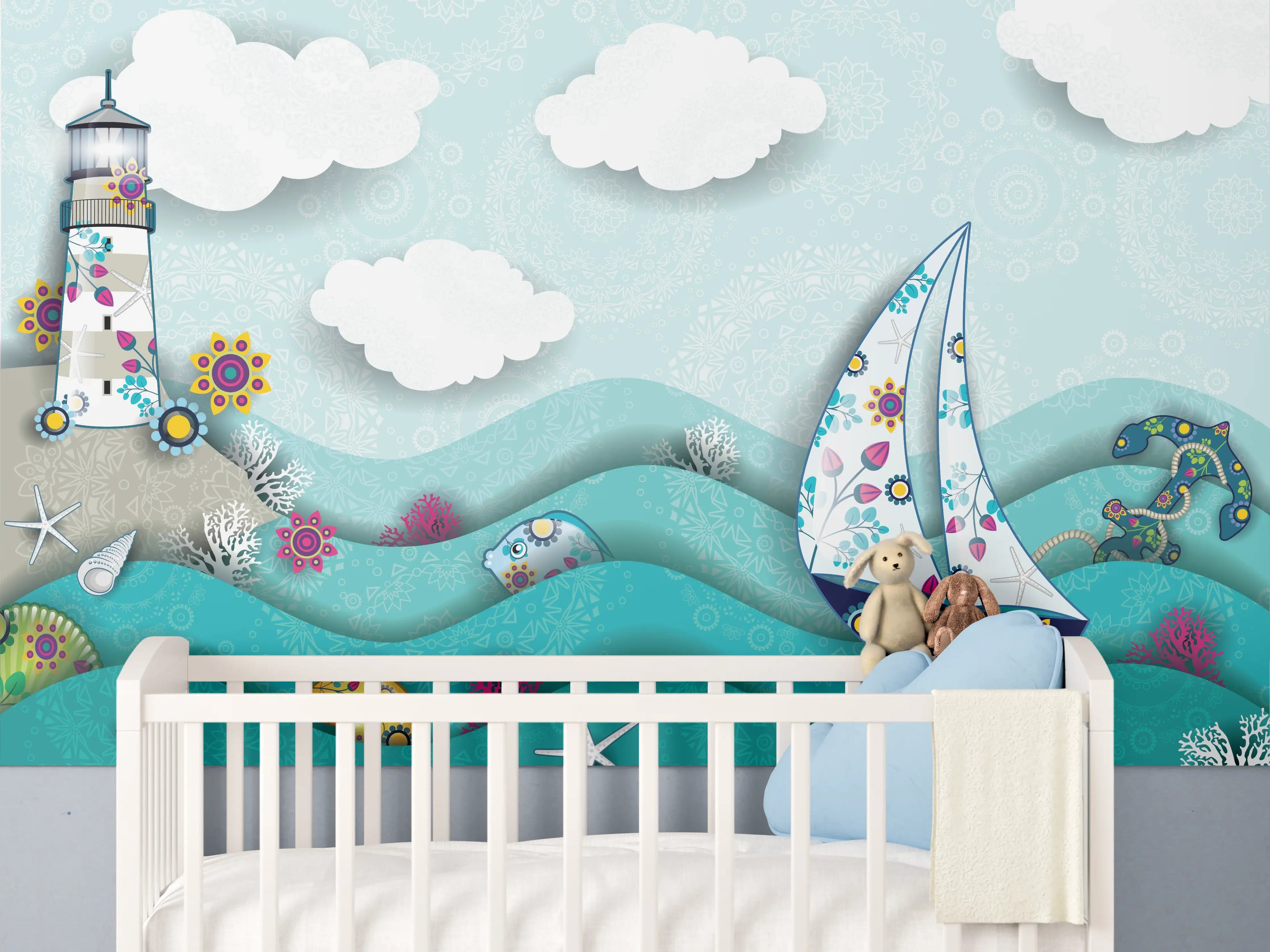 Babyzimmer Wandgestaltung - Marines Motiv mit Leuchtturm und Boot