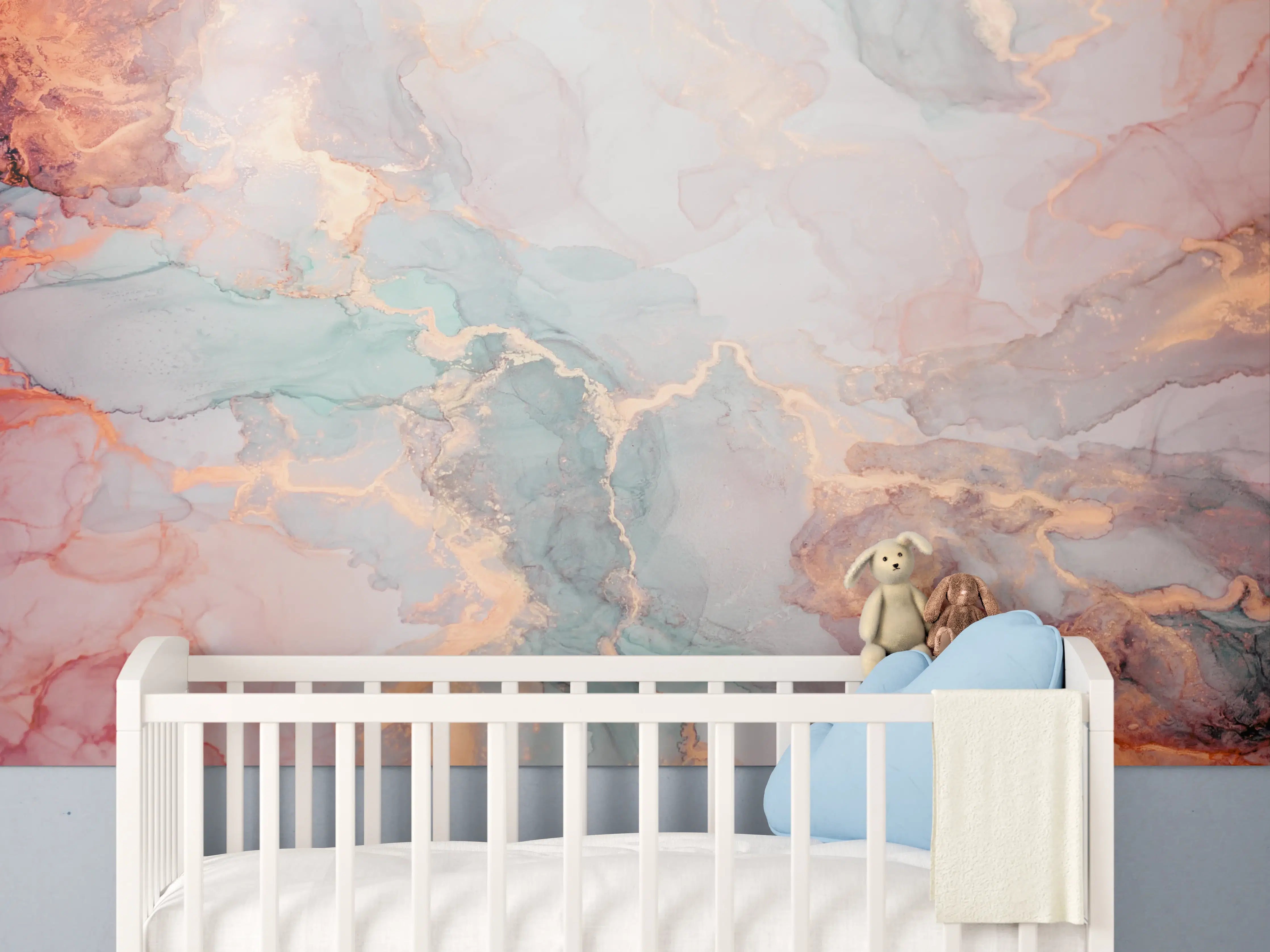 Babyzimmer Wandgestaltung - Maritime Aquarellkunst mit Blau- und Grautönen