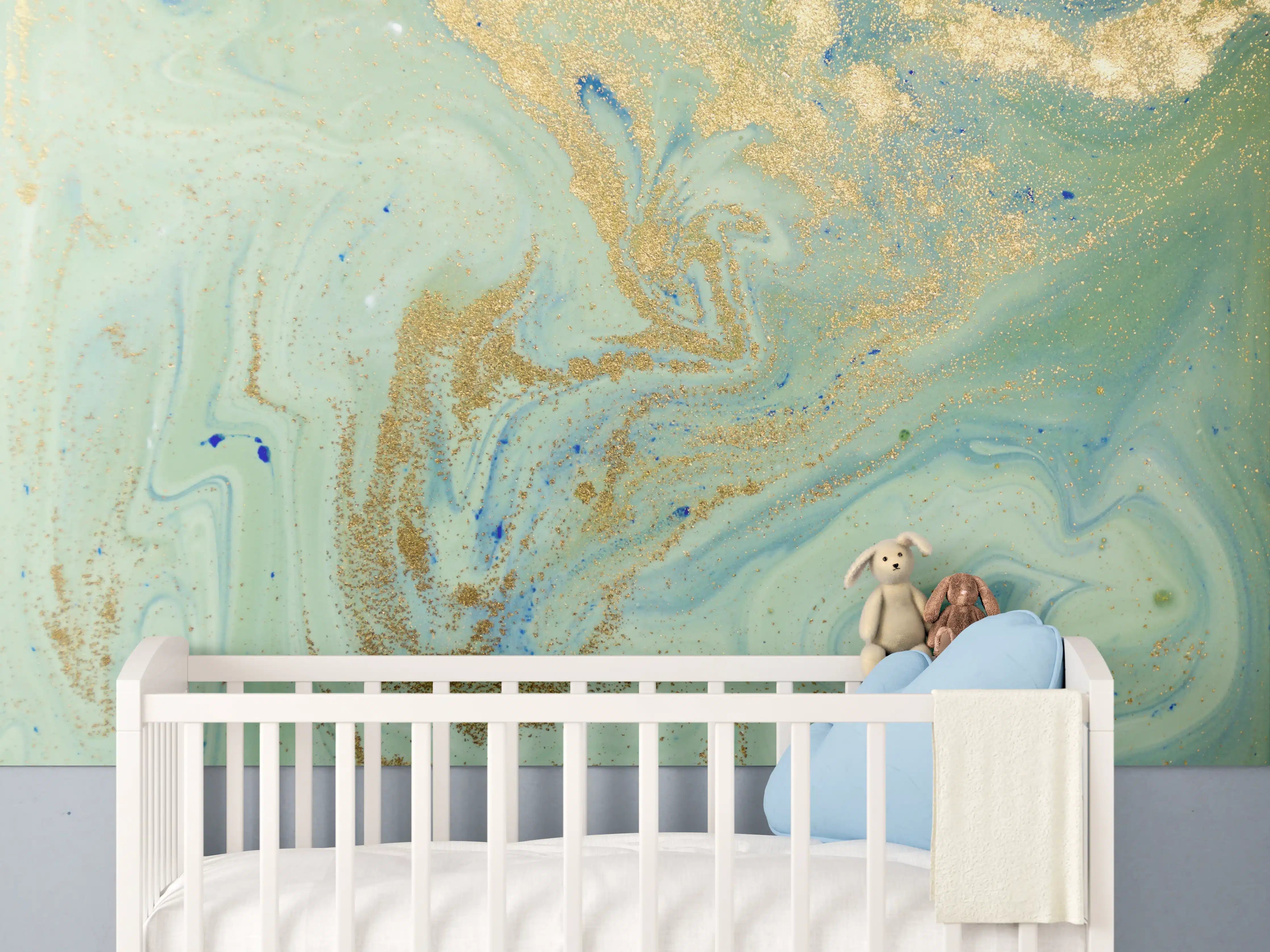 Babyzimmer Wandgestaltung - Maritimer Gold- und Blau-Ton Mischtechnik