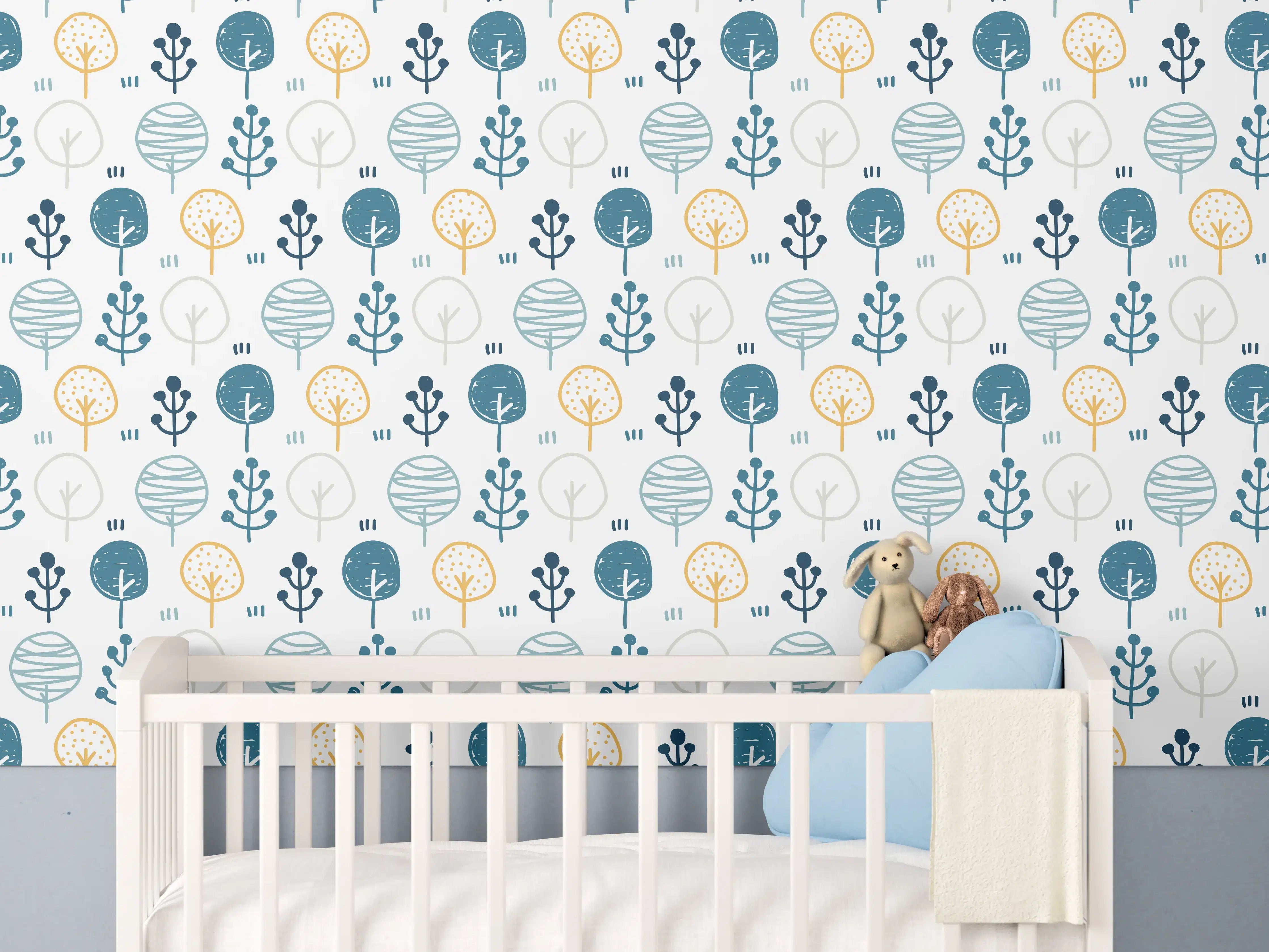 Babyzimmer Wandgestaltung - Maritimes Blau-Gelb Musterdesign
