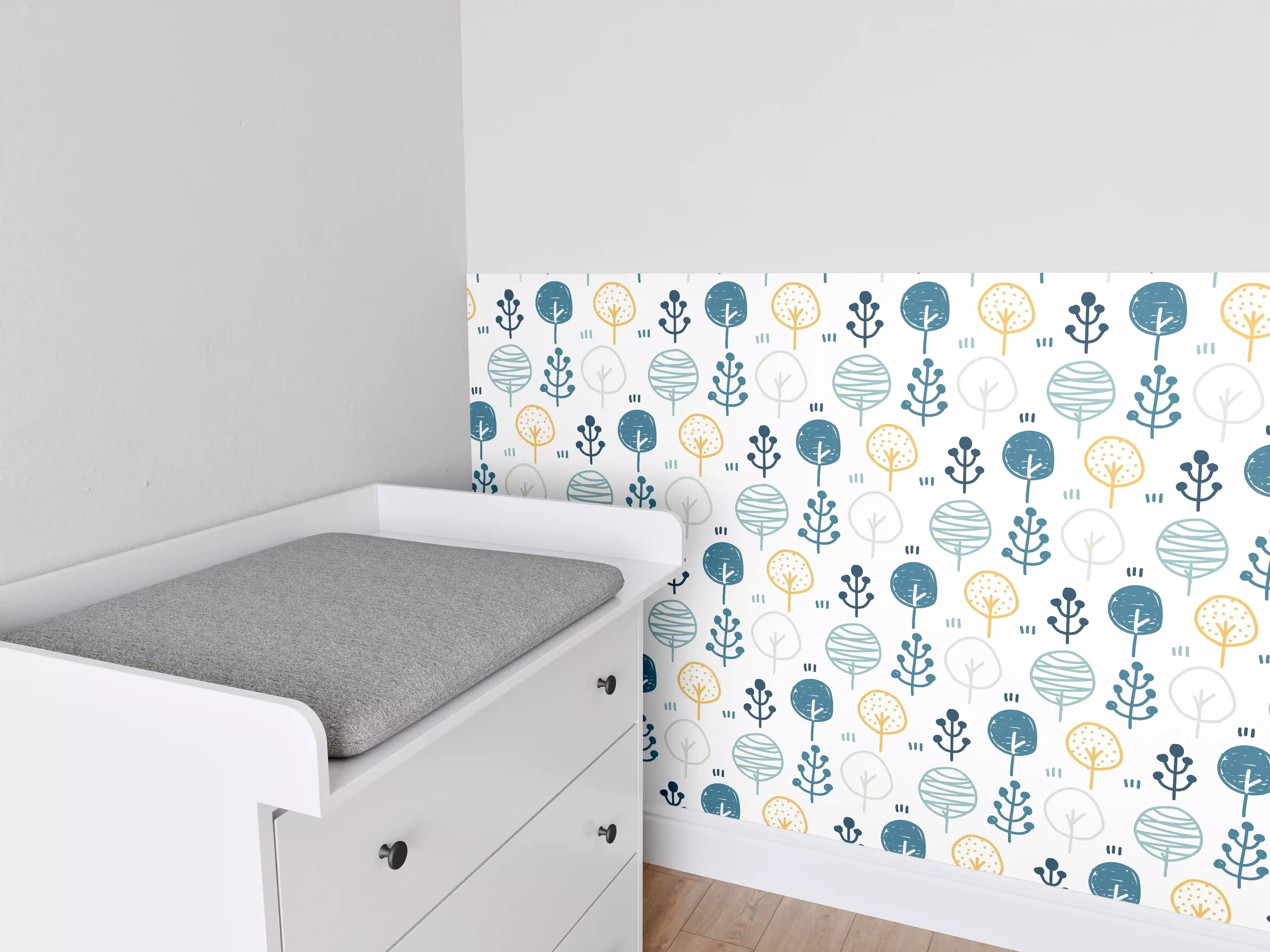 Babyzimmer Wandgestaltung - Maritimes Blau-Gelb Musterdesign