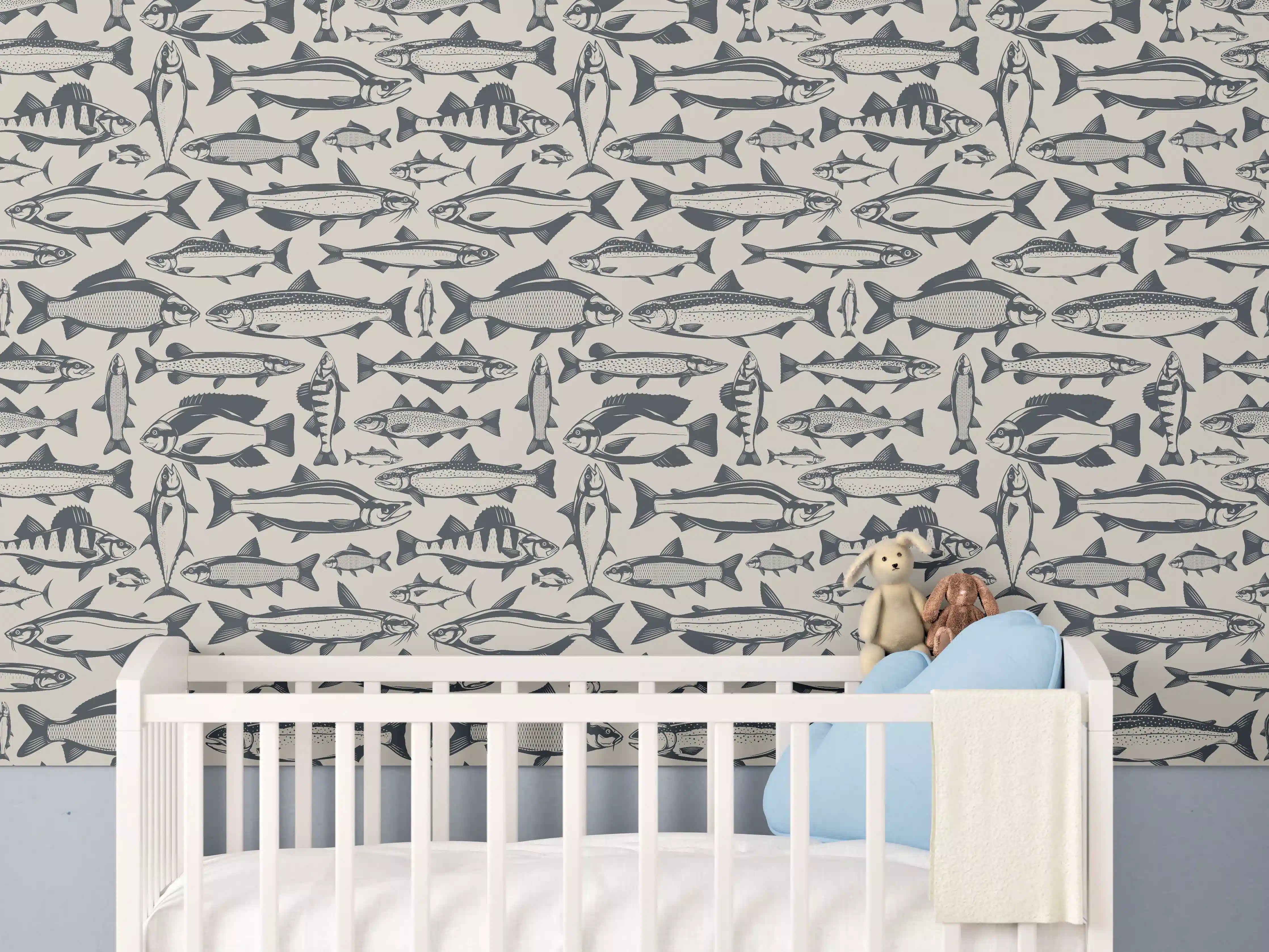 Babyzimmer Wandgestaltung - Maritimes Fischmuster Beige-Blau