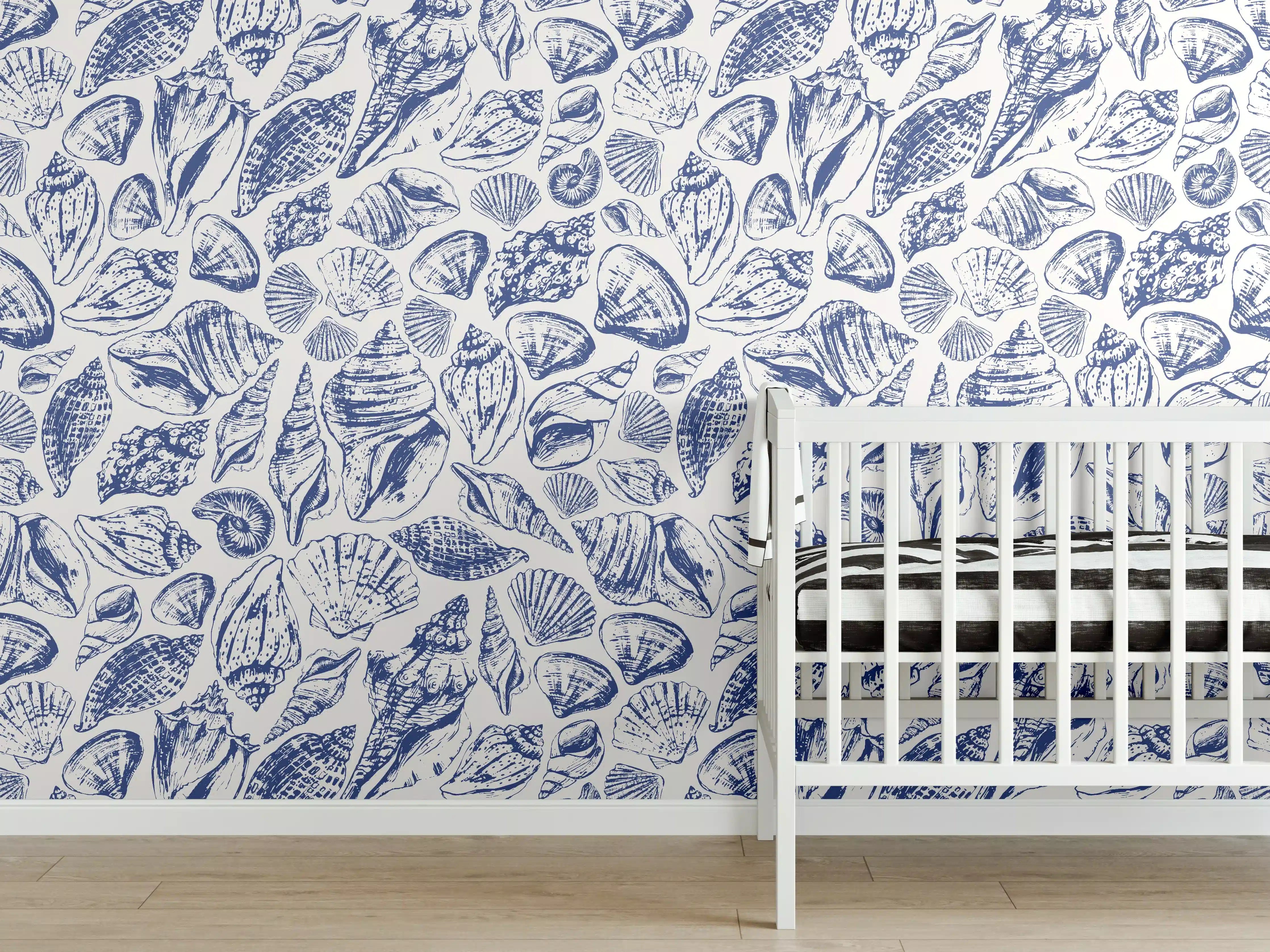 Babyzimmer Wandgestaltung - Maritimes Muschelmuster Blau-Weiß