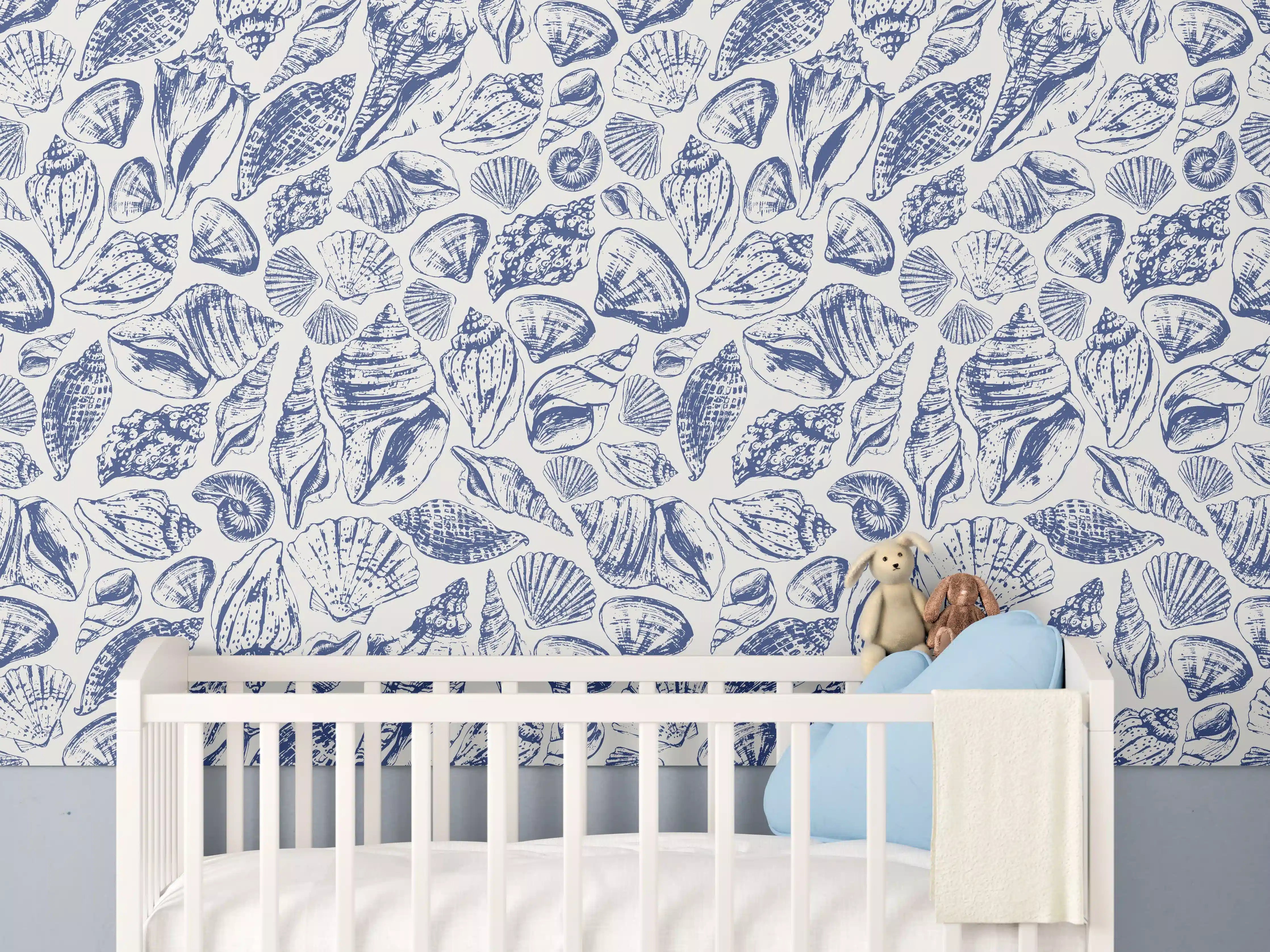 Babyzimmer Wandgestaltung - Maritimes Muschelmuster Blau-Weiß
