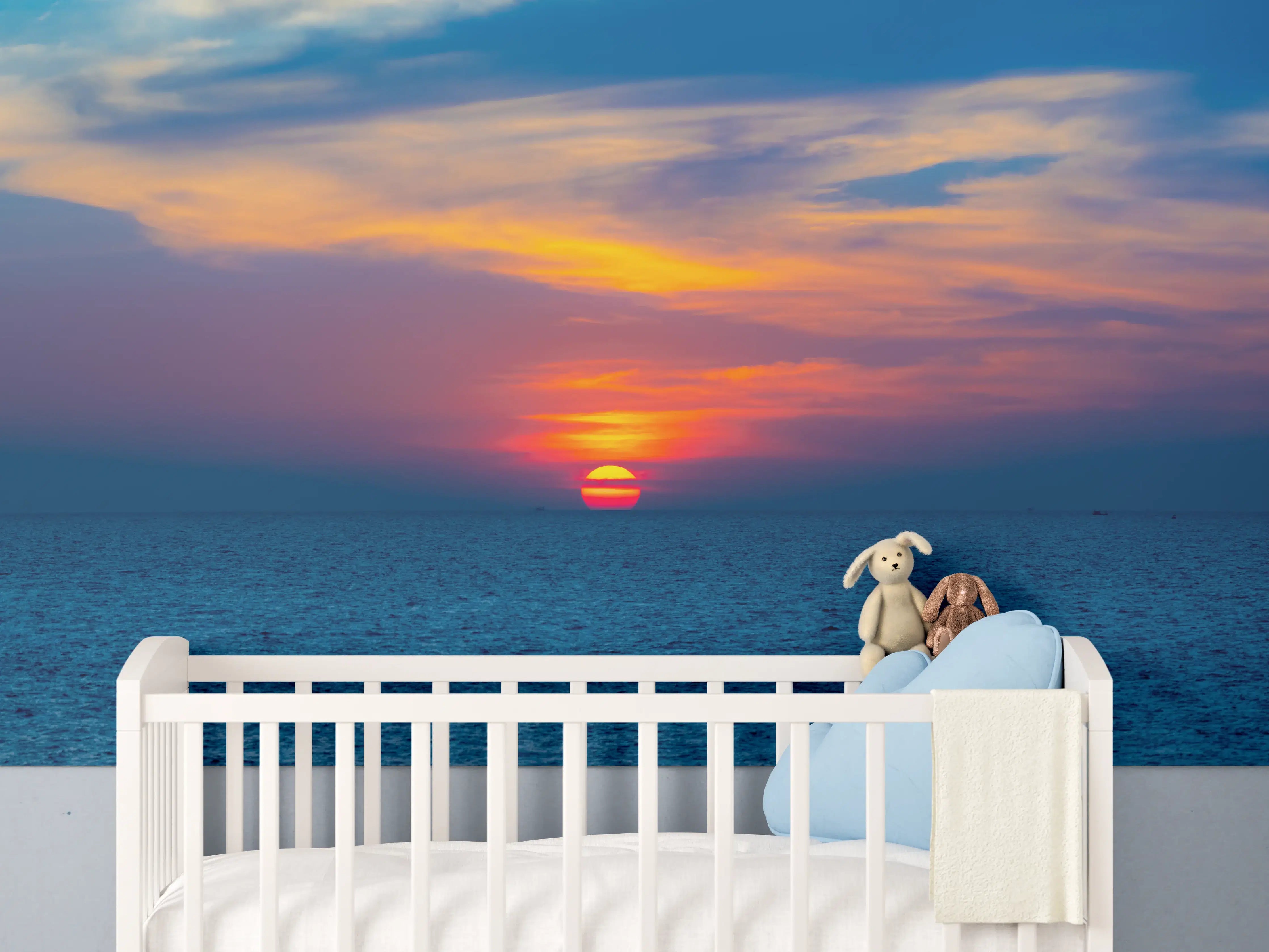 Babyzimmer Wandgestaltung - Meer-Sonnenuntergang Blau-Orange