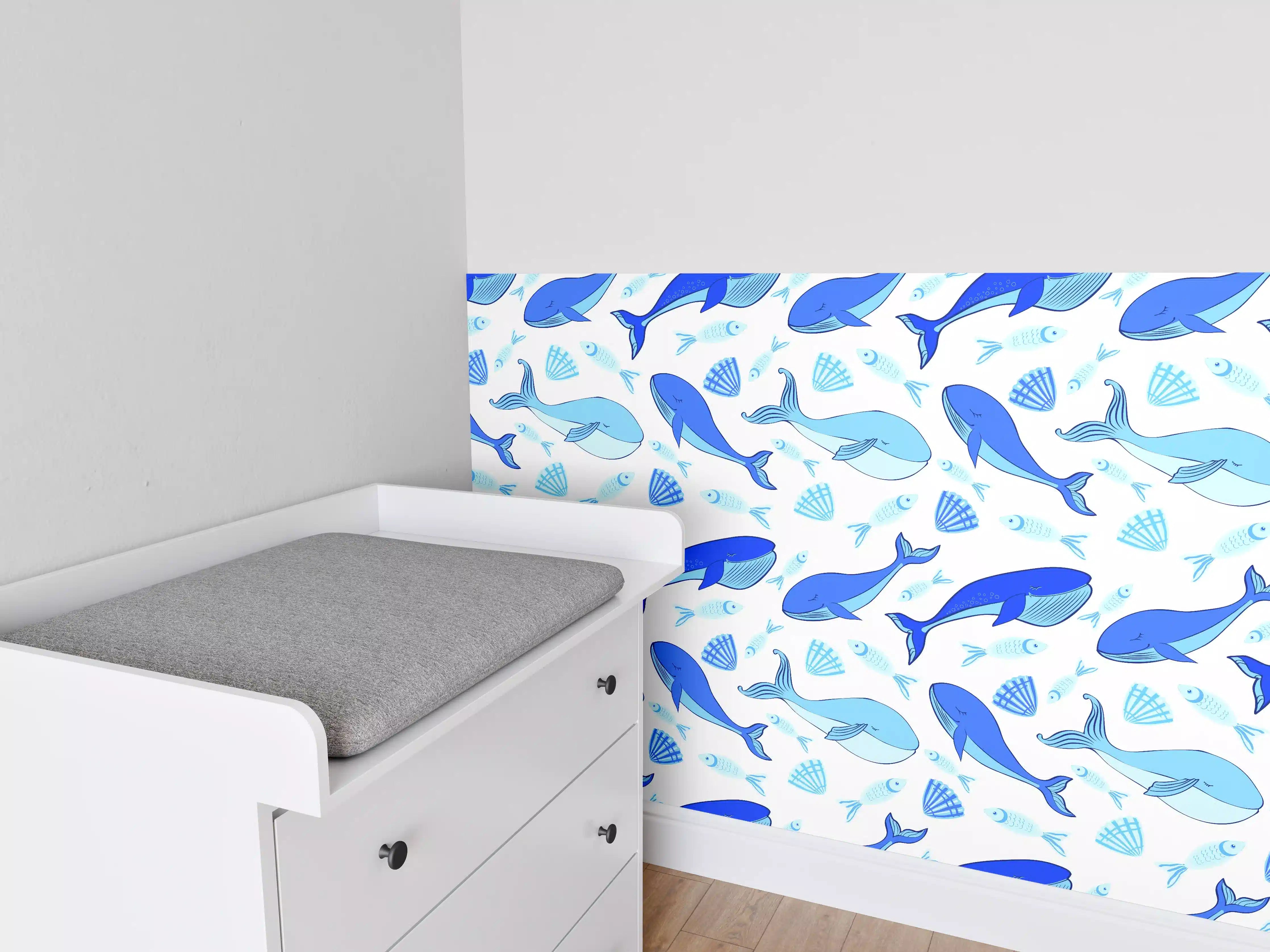 Babyzimmer Wandgestaltung - Meereswelt mit Delfinen und Muscheln in Blau