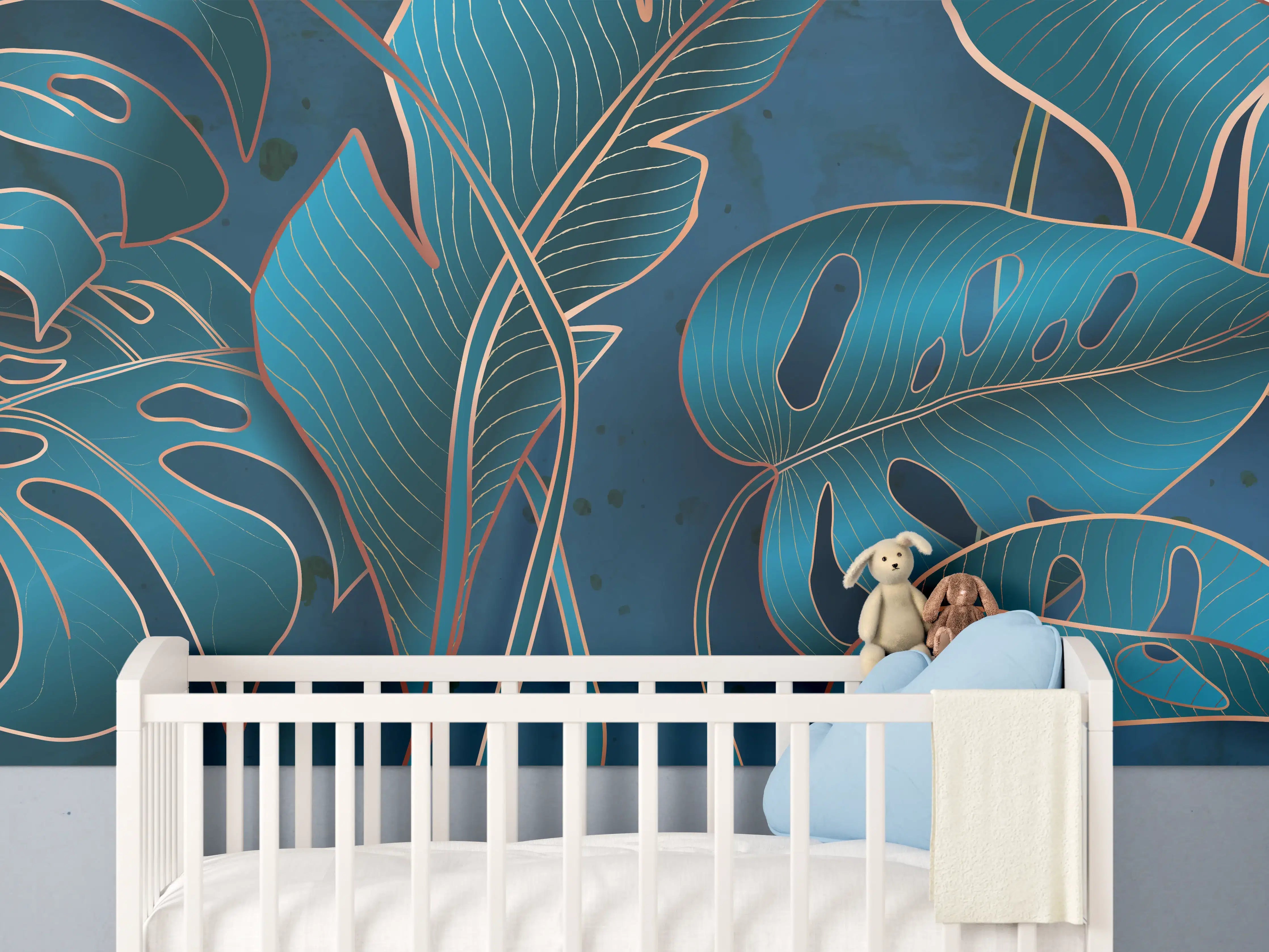 Babyzimmer Wandgestaltung - Metallisch-blaues Pflanzenmuster