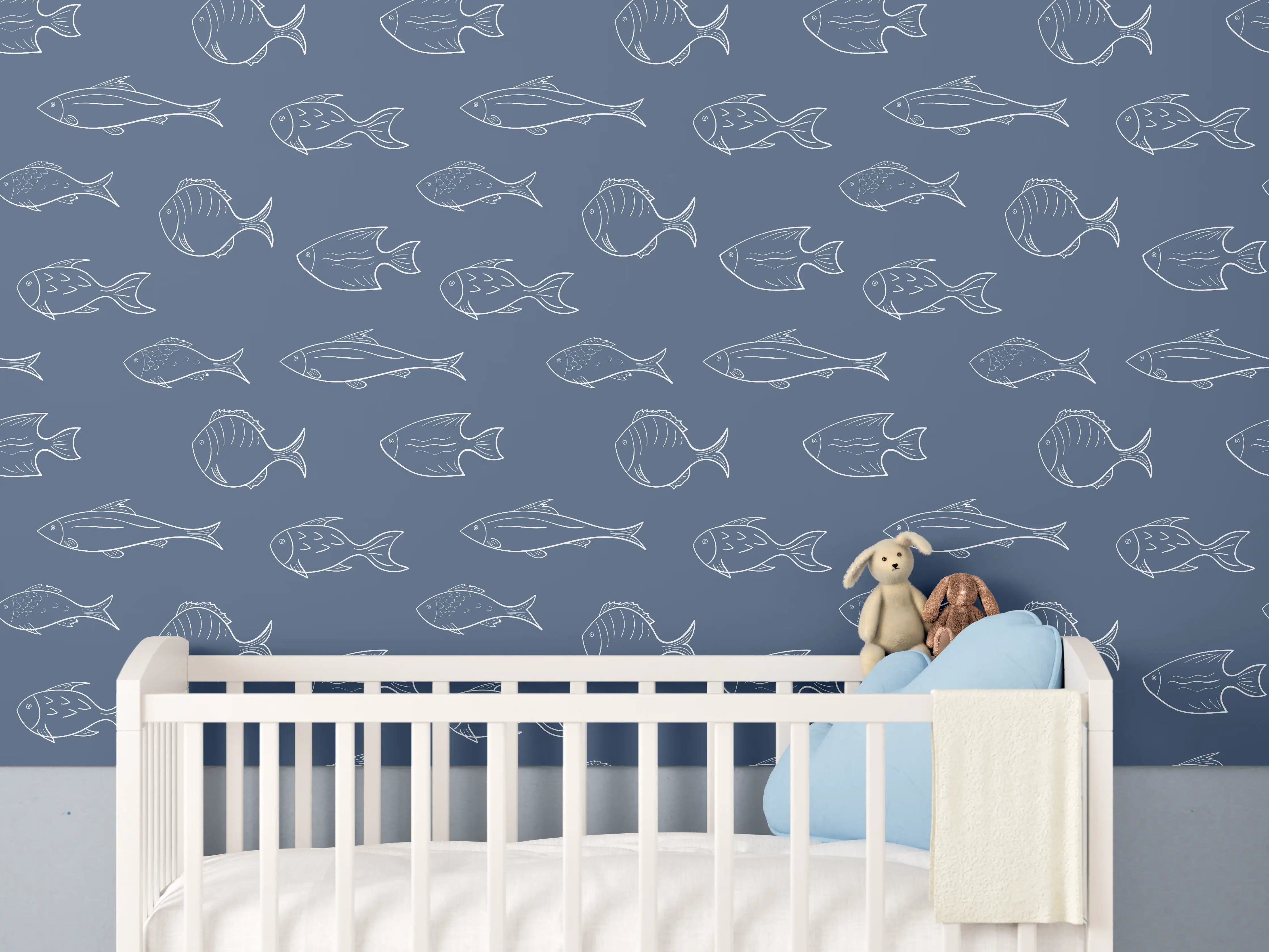 Babyzimmer Wandgestaltung - Minimal Fischmuster Blau