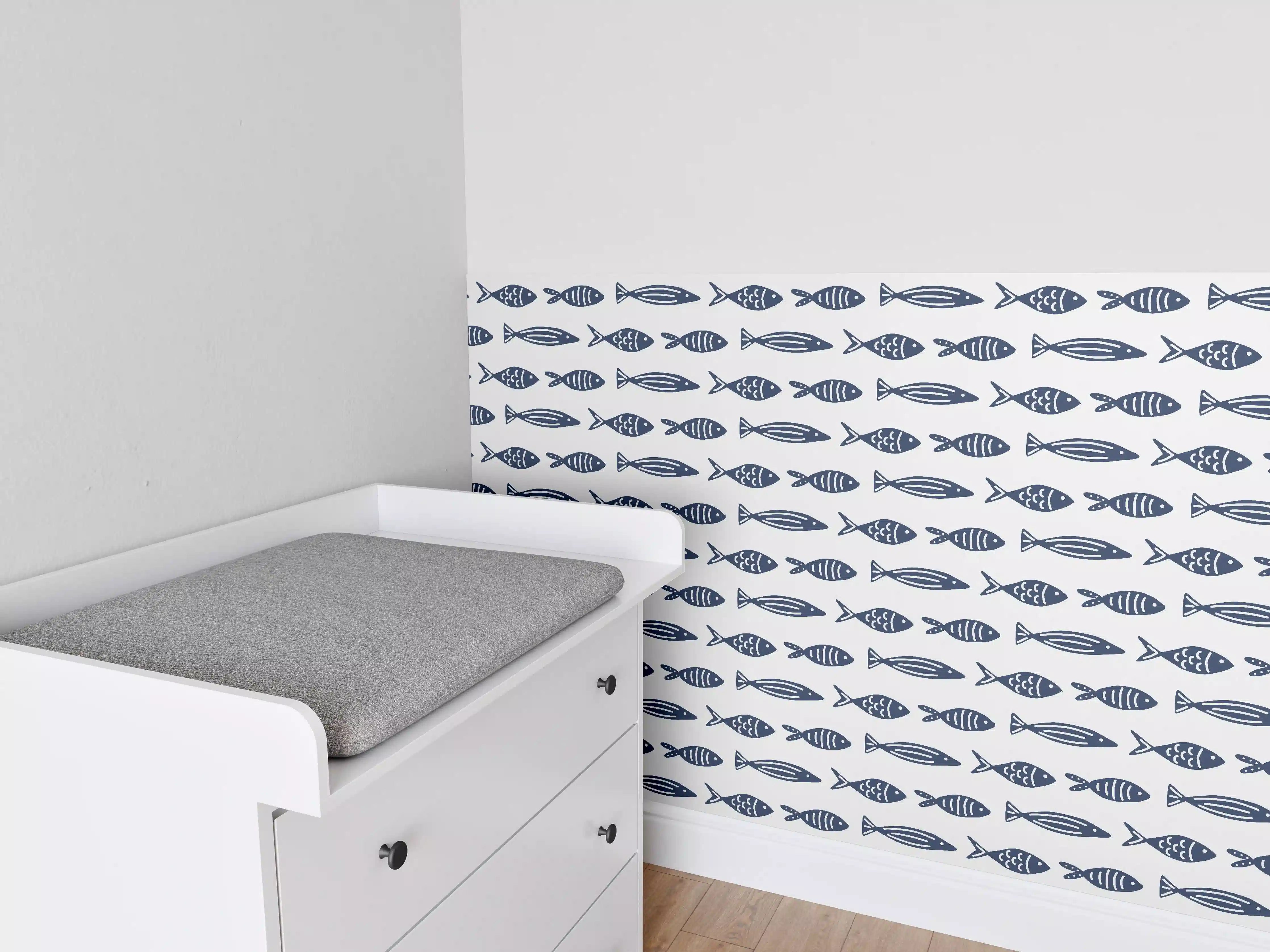 Babyzimmer Wandgestaltung - Minimalistische Fische Blau-Weiß