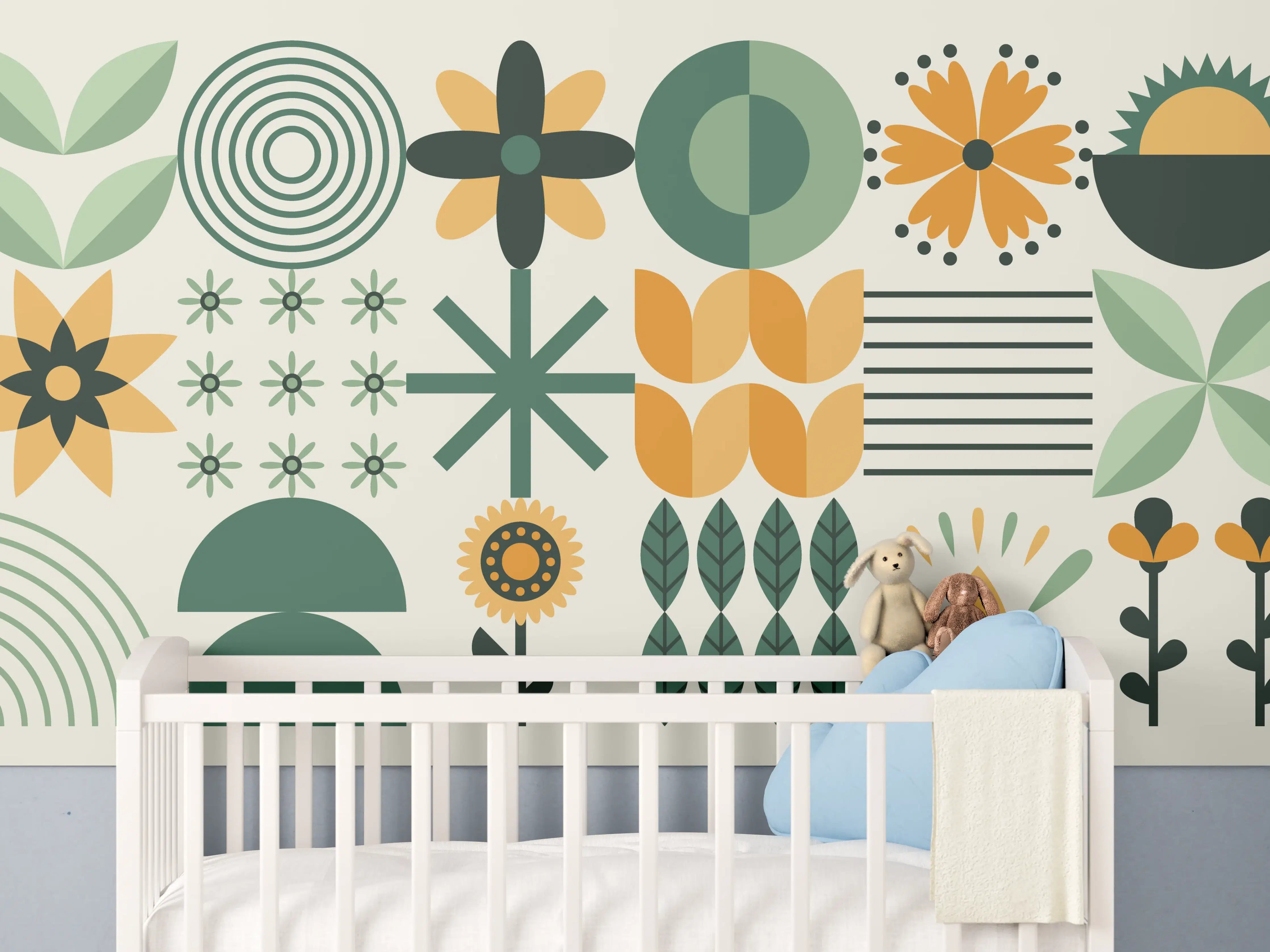 Babyzimmer Wandgestaltung - Moderne Blatt- und Blumendesign in Grüntönen